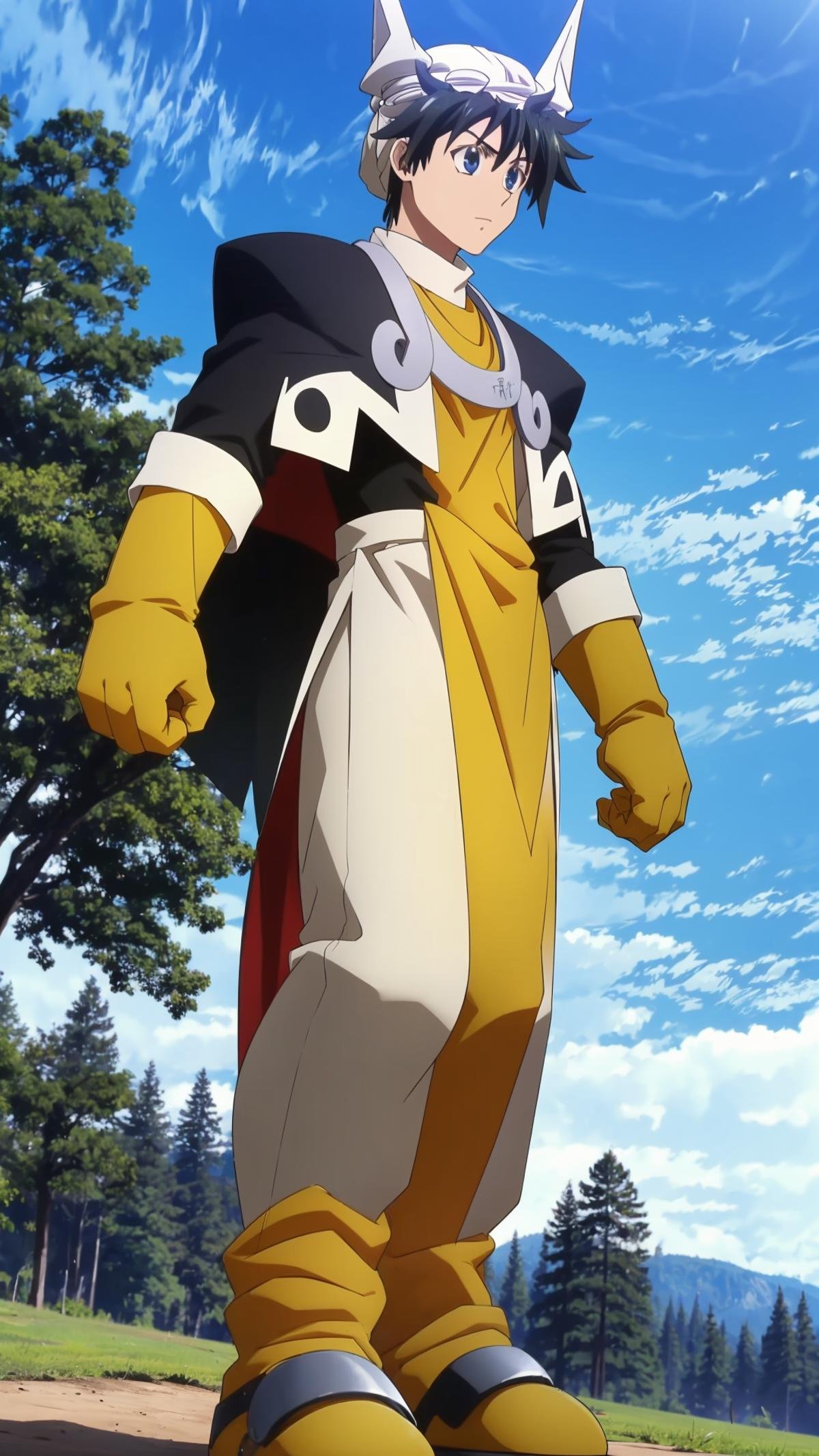 (masterpiece, best quality), ray tracing, absurdres, HDR, Taikoubou, 1boy, male focus, solo, , black hair,blue eyes, day, yellow gloves, sky, outdoors, cloud, standing, tabard, blue sky, pants, tree, capelet, hat, horns, shoes,<lora:Taikoubou:1>