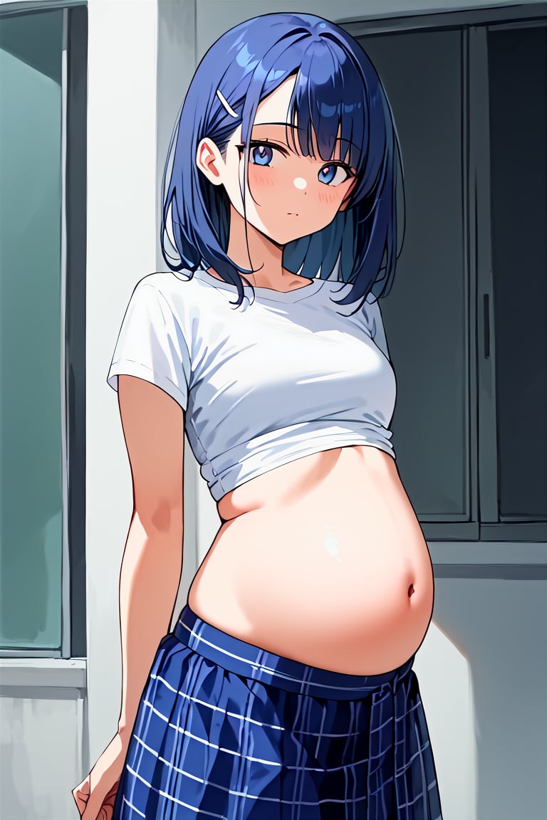 score_9,score_8_up,score_7_up,
1girl, solo, stomach, 
white_shirt, blue_skirt, 
masterpiece, best quality, (source_anime:1.4), score_6_up,