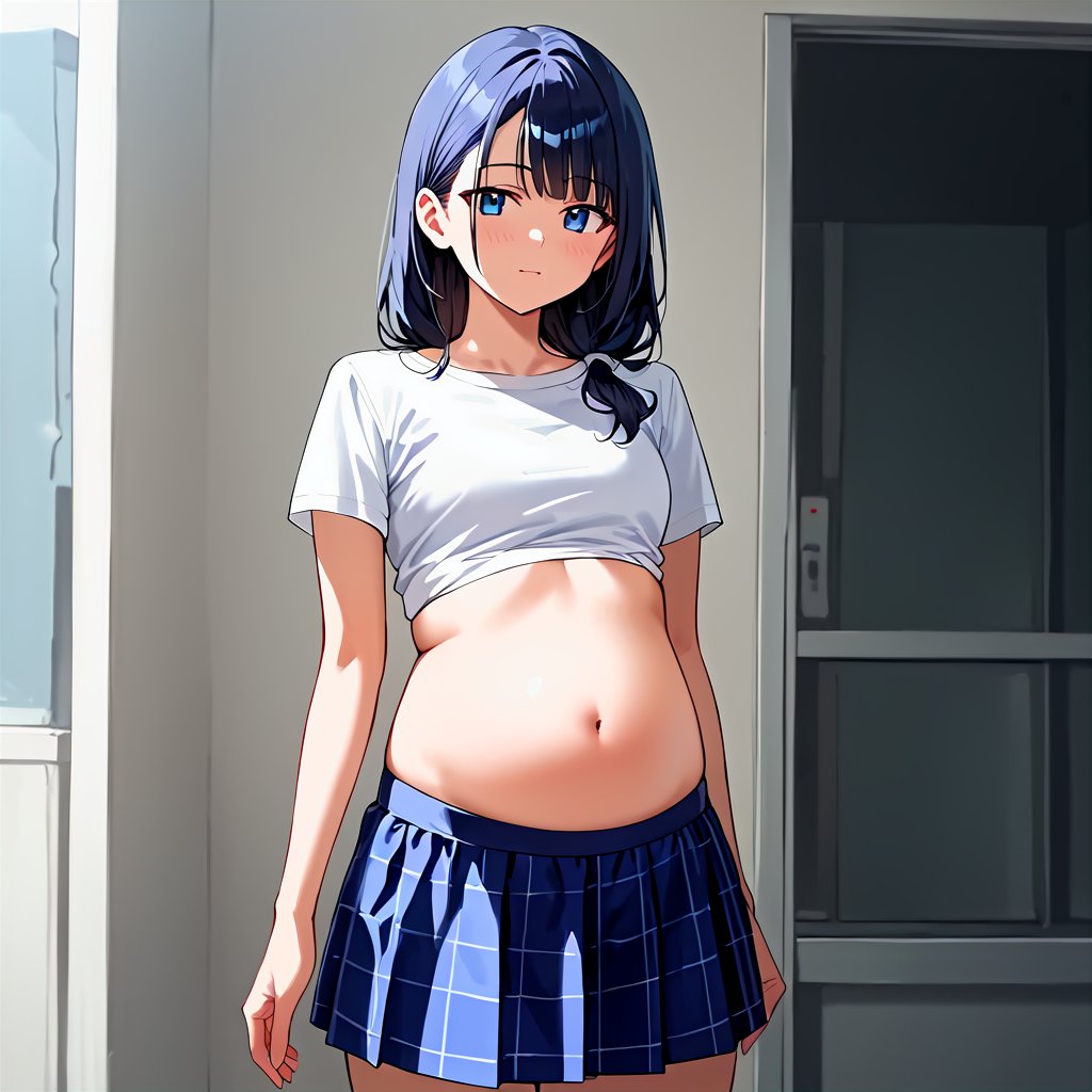 score_9,score_8_up,score_7_up,
1girl, solo, stomach, standing, 
white_shirt, blue_skirt, 
masterpiece, best quality, (source_anime:1.3), score_6_up,