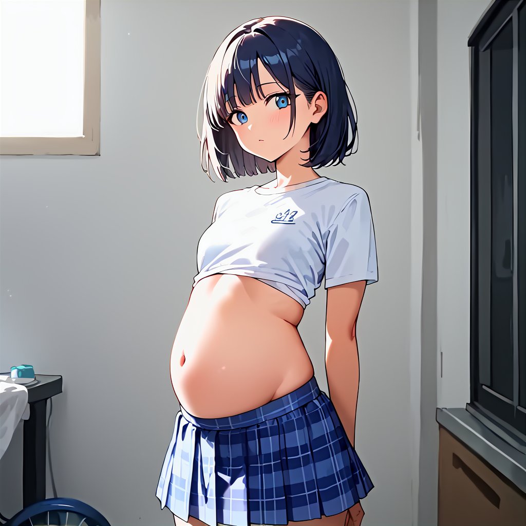 score_9,score_8_up,score_7_up,
1girl, solo, stomach, standing, 
white_shirt, blue_skirt, 
masterpiece, best quality, (source_anime:1.3), score_6_up,