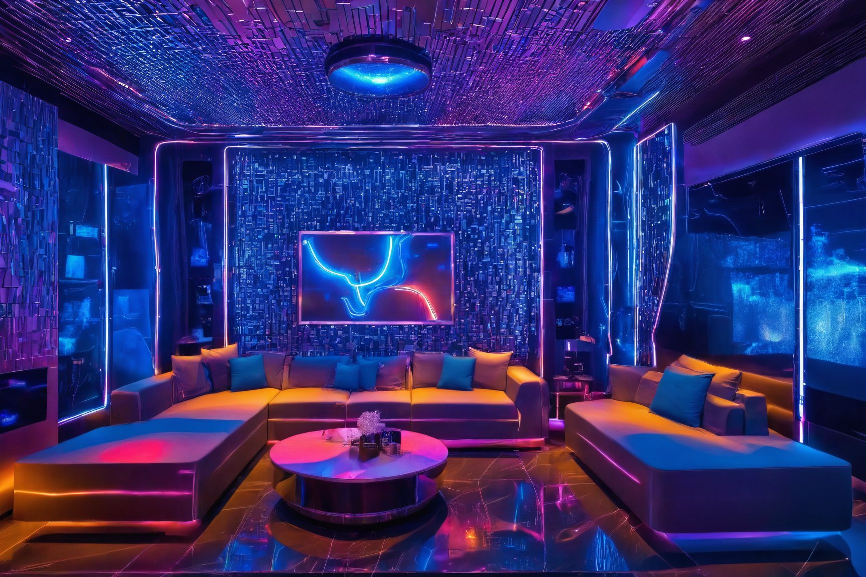 In a futuristic karaoke room, a masterpiece of design unfolds. The ceiling and walls pulse with vibrant blue LED lighting, intricately patterned like a cyberpunk dreamscape. Raw photo,Masterpiece, high quality, best quality, authentic, super detail, indoors, interior , 