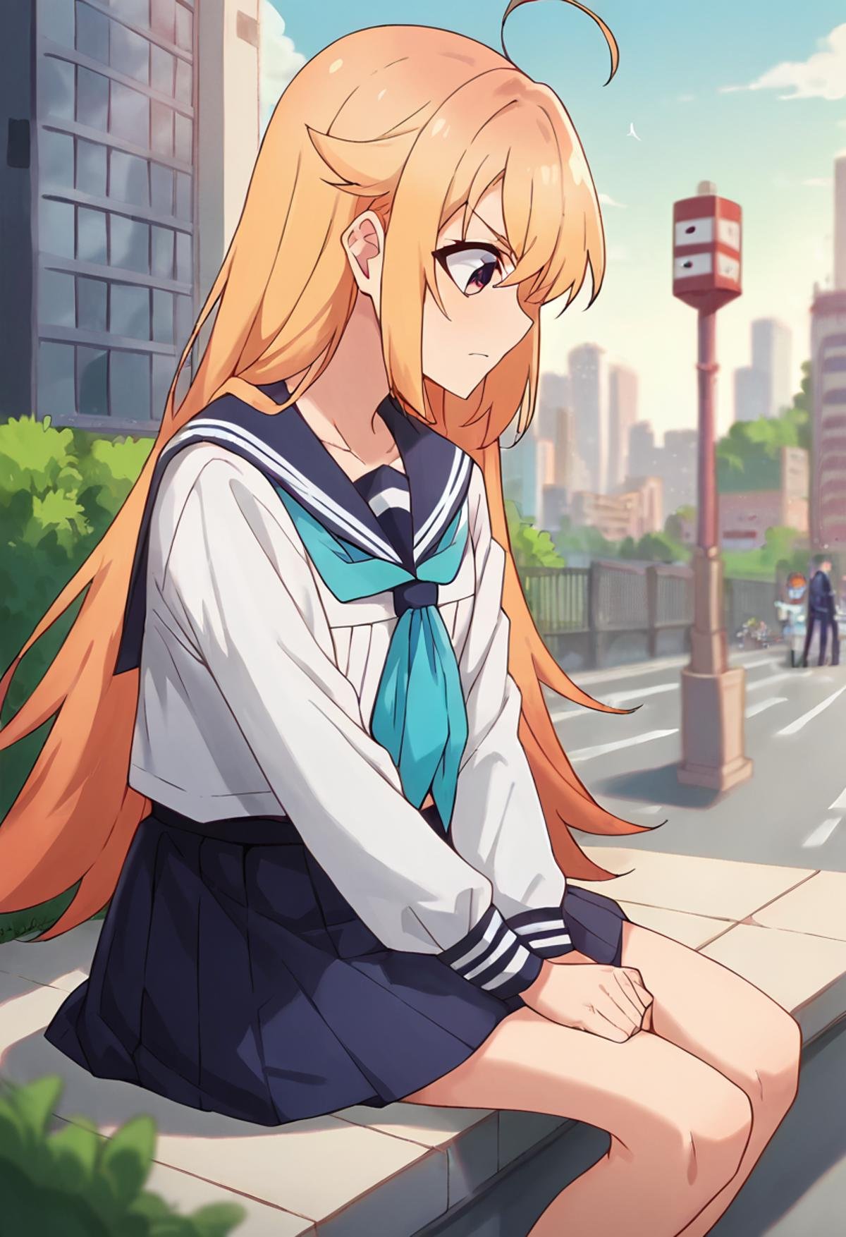 score_9, score_8_up, score_7_up, source_anime, masterpiece, 1girl, ctiank0shi, serafuku, sailor collar, blue neckerchief, skirt, long sleeves, outdoors, sunny, city, depth of field,  <lora:Koshi_Torako_pony_ct:1>, sitting, arm support,