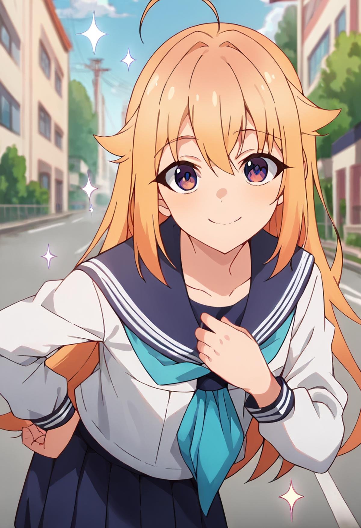 score_9, score_8_up, score_7_up, source_anime, masterpiece, 1girl, ctiank0shi, serafuku, sailor collar, blue neckerchief, skirt, long sleeves, outdoors, sunny, city, depth of field,  looking at viewer, hand on chest, smile, sparkle, leaning forward,<lora:Koshi_Torako_pony_ct:1>, 