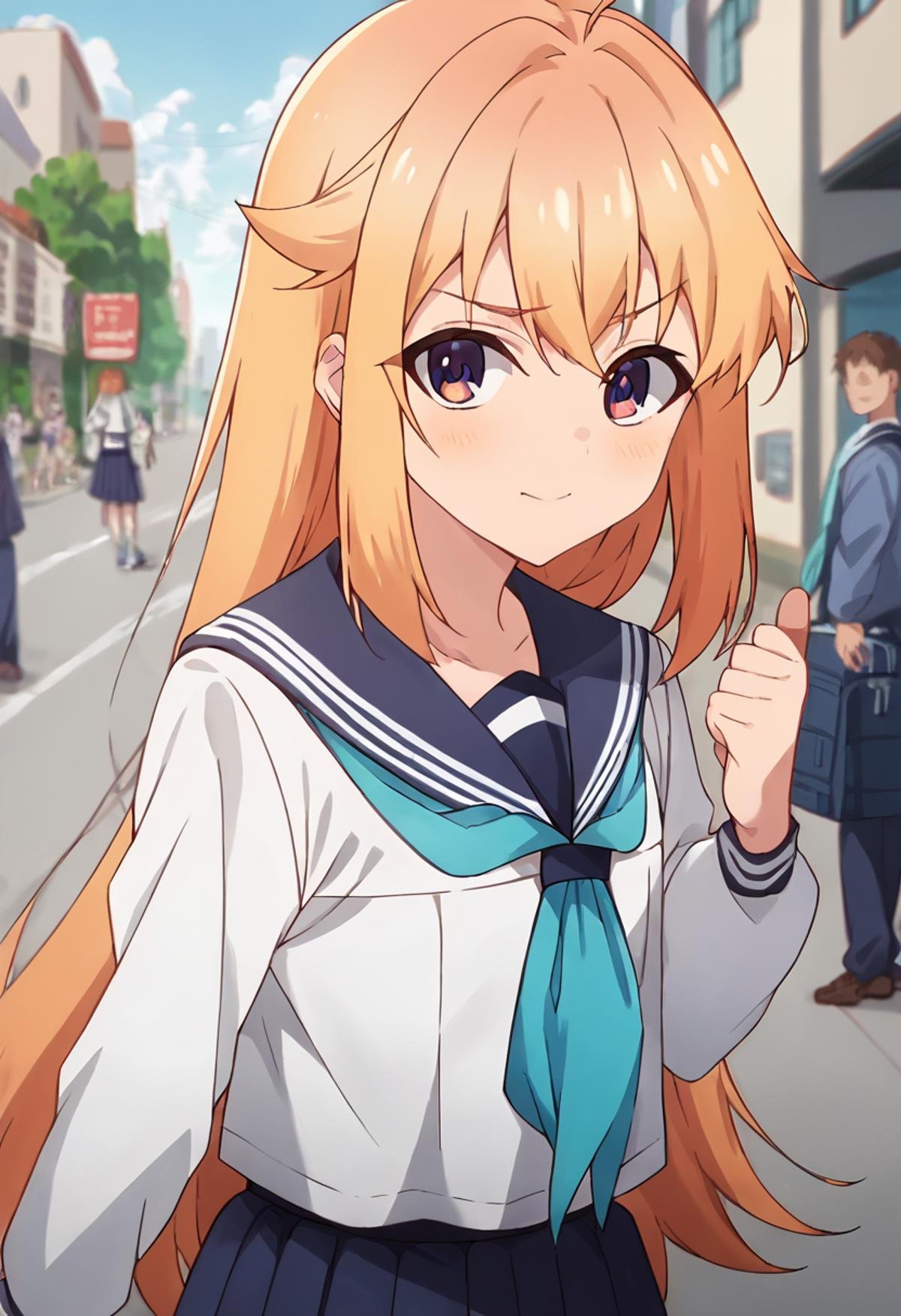 score_9, score_8_up, score_7_up, source_anime, masterpiece, 1girl, ctiank0shi, serafuku, sailor collar, blue neckerchief, skirt, long sleeves, looking at viewer, outdoors, sunny, city, depth of field,  <lora:Koshi_Torako_pony_ct:1>