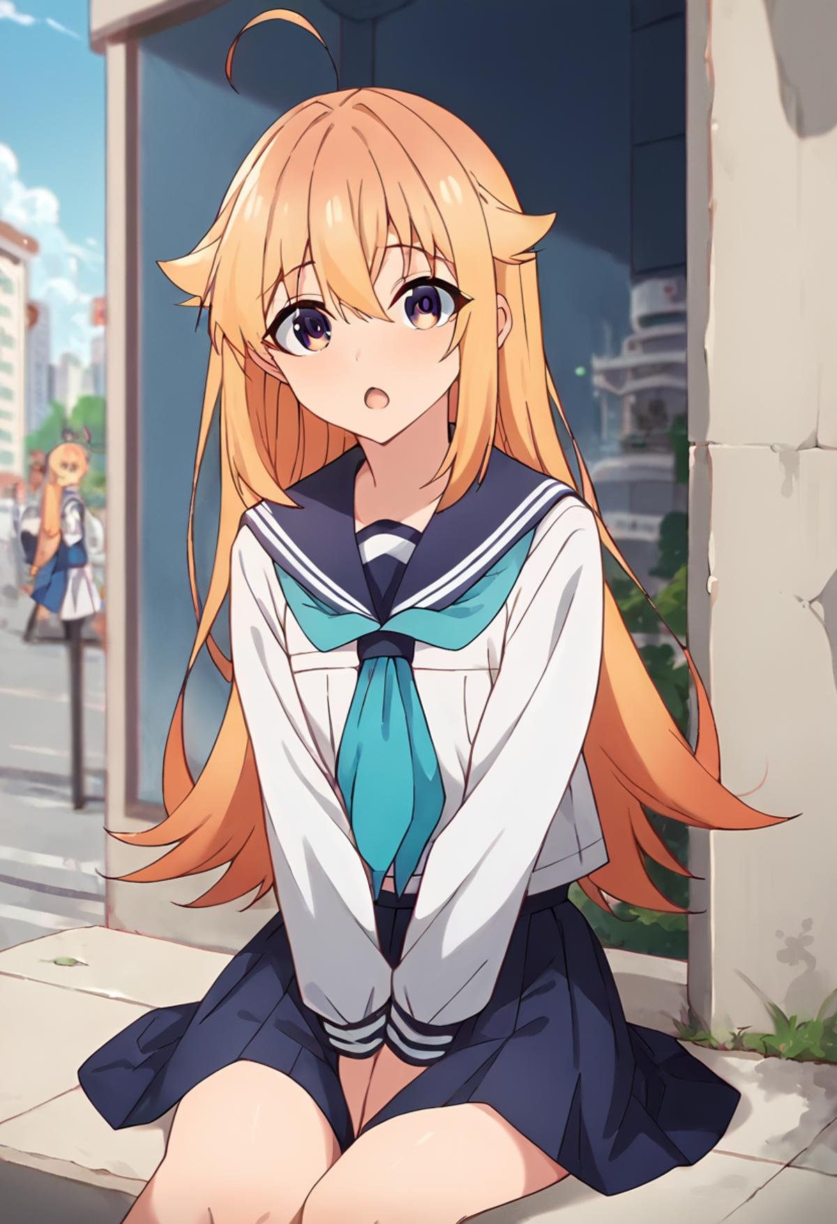 score_9, score_8_up, score_7_up, source_anime, masterpiece, 1girl, ctiank0shi, serafuku, sailor collar, blue neckerchief, skirt, long sleeves, outdoors, sunny, city, depth of field,  <lora:Koshi_Torako_pony_ct:1>, sitting, arms between legs, looking at viewer, open mouth, 