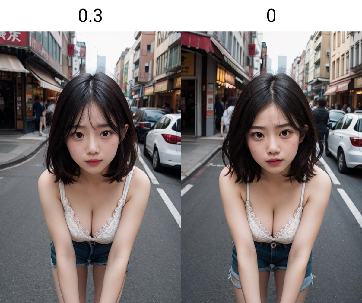 (((masterpiece))), (((best quality))), 8k, highres, upper body, beautiful detailed face, from above, overhead view, (head down), bent over, 1girl, brown hair, wavy hair, sidelocks, ulzaang, cleavage, asian, cleavage, lace camisole, shorts, walking, storefront, shopping street, vandors, narrow roadside, signboard lights, crowd,<lora:cuteasiangirlstyle:0.3>