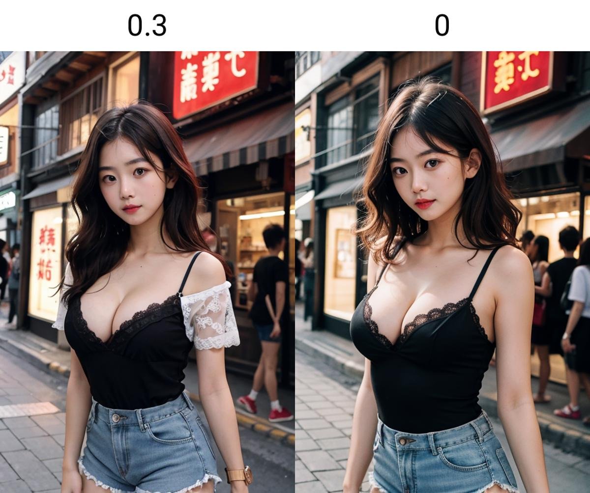 (((masterpiece))), (((best quality))), 8k, highres, upper body, beautiful detailed face, 1girl, asian, cute, brown hair, wavy hair, sidelocks, wristwatch, ulzaang, cleavage, asian, cleavage, lace camisole, shorts, walking, storefront, shopping street, vandors, narrow roadside, signboard lights, crowd, <lora:cuteasiangirlstyle:0.3>