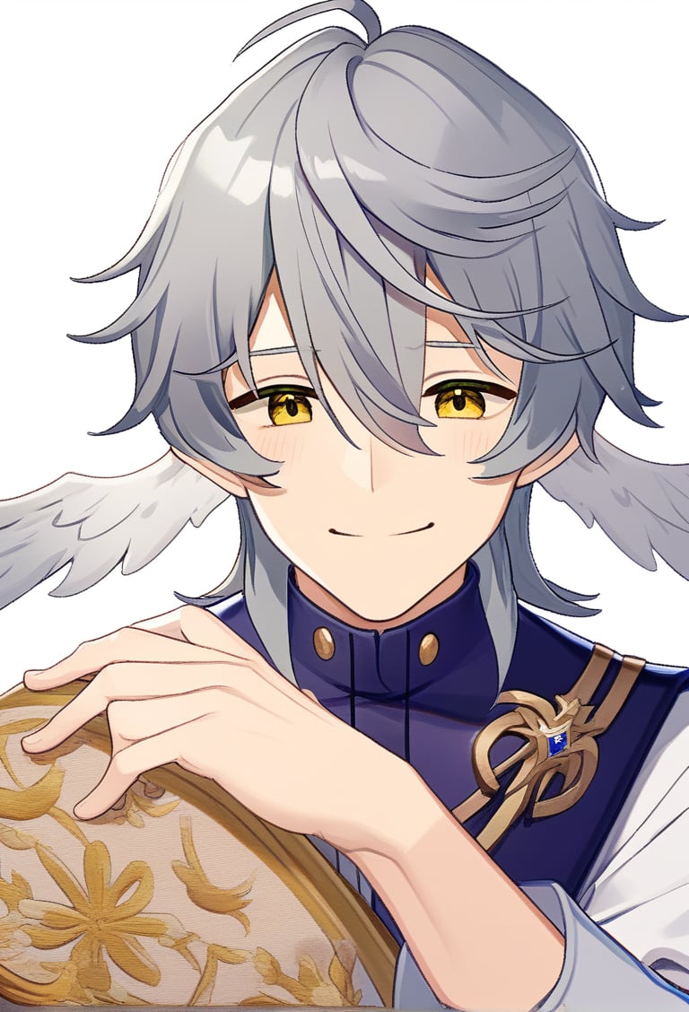 sole, head wings,hair between eyes,solo,smile shy, shy face,8k,4k.
1boy,/Sunday/,gray hair, yellow eyes,