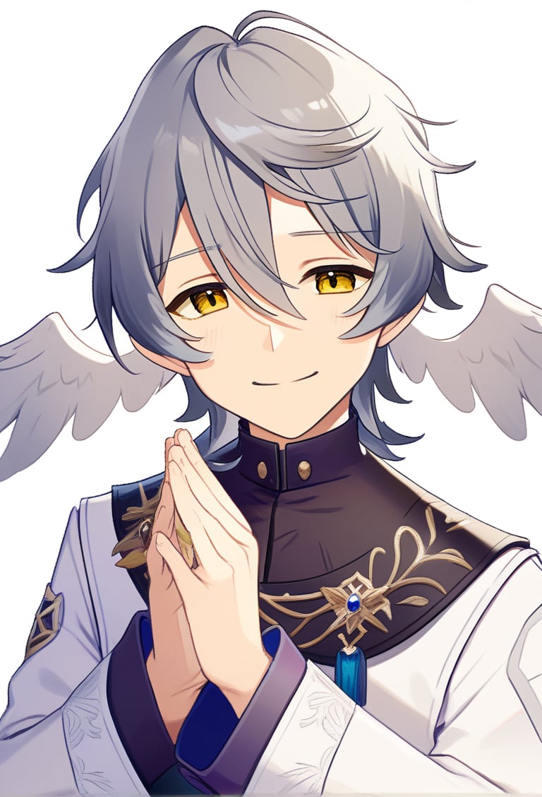 sole, head wings,hair between eyes,solo,smile shy, shy face,8k,4k.
1boy,/Sunday/,gray hair, yellow eyes,