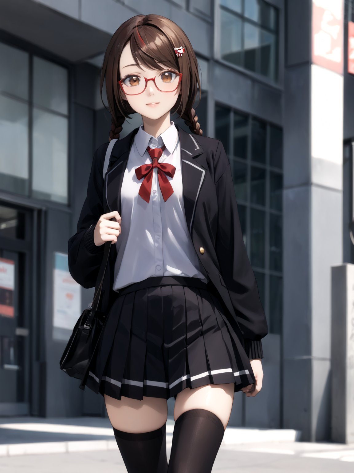 masterpiece, best quality, highres
,//Character, 
1girl, solo
,//Fashion, 

,//Background, 
,//Others, ,Expressiveh, 
,SakimiyaMisaki, brown hair, twin braids, brown eyes, glasses, red-framed eyewear, school uniform, hair ornament, hairclip, pleated skirt, black thighhighs