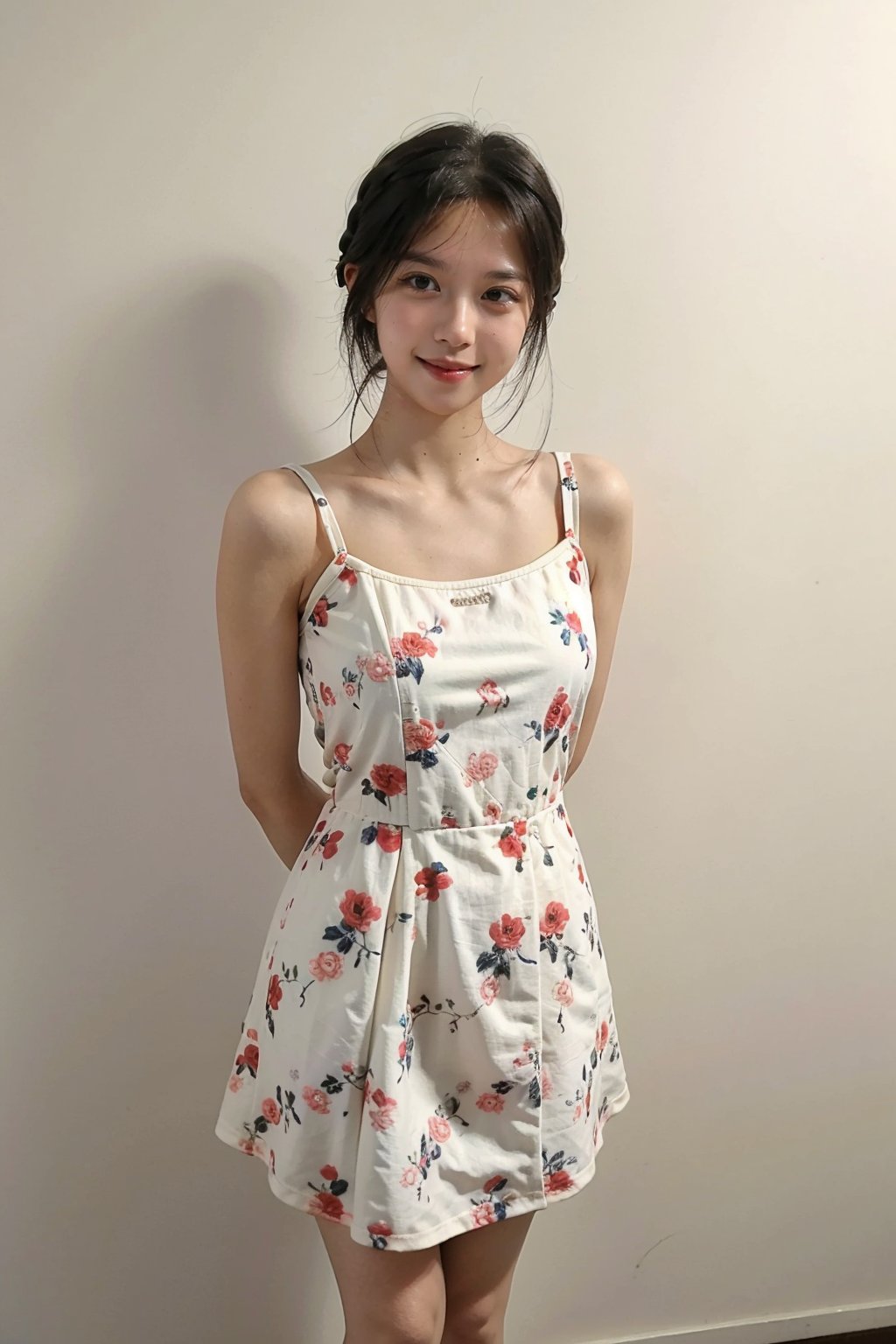 best quality,masterpiece,ultra high res,looking at viewer,simple background, 1girl, solo, looking_at_viewer, black hair,realistic,(standing),slim,(smile)(,hands_behind_back),