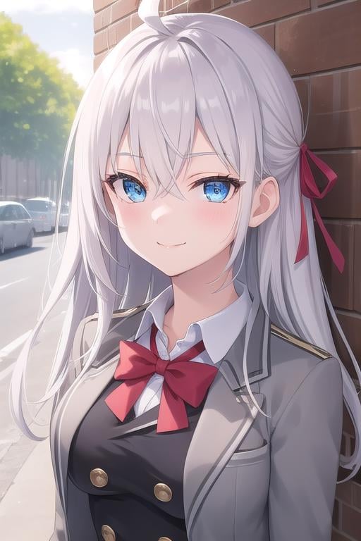 ((masterpiece)),(best quality),official art,extremely delicate and beautiful,extremely detailed CG,unity 8k wallpaper,ultra detailed,beautiful detailed eyes,extremely detailed face,outdoors,1girl,solo,upper body,(portrait:1.5),looking at viewer,facing viewer,smile,Alisa Mikhailovna Kujou,ahoge,long hair,grey hair,hair intakes,hair ribbon,red ribbon,sidelocks,hair between eyes,parted bangs,blue eyes,school uniform,grey jacket,cropped jacket,open clothes,open jacket,wing collar,red bowtie,black dress,pleated dress,double-breasted,collared shirt,white shirt,medium breasts,skindentation,long sleeves,zettai ryouiki,white thighhighs,loafers,brown footwear,<lora:Alisa Mikhailovna Kujou(tsrdta)>,