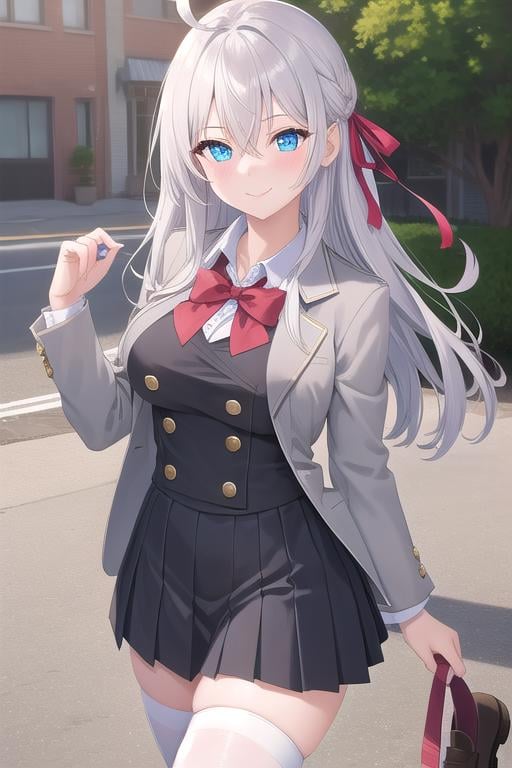 ((masterpiece)),(best quality),official art,extremely delicate and beautiful,extremely detailed CG,unity 8k wallpaper,ultra detailed,beautiful detailed eyes,extremely detailed face,outdoors,1girl,solo,cowboy shot,looking at viewer,facing viewer,smile,Alisa Mikhailovna Kujou,ahoge,long hair,grey hair,hair intakes,hair ribbon,red ribbon,sidelocks,hair between eyes,parted bangs,blue eyes,school uniform,grey jacket,cropped jacket,open clothes,open jacket,wing collar,red bowtie,black dress,pleated dress,double-breasted,collared shirt,white shirt,medium breasts,skindentation,long sleeves,zettai ryouiki,white thighhighs,loafers,brown footwear,<lora:Alisa Mikhailovna Kujou(tsrdta)>,