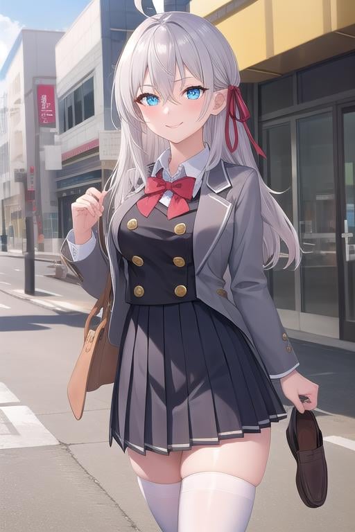 ((masterpiece)),(best quality),official art,extremely delicate and beautiful,extremely detailed CG,unity 8k wallpaper,ultra detailed,beautiful detailed eyes,extremely detailed face,outdoors,1girl,solo,cowboy shot,looking at viewer,facing viewer,smile,Alisa Mikhailovna Kujou,ahoge,long hair,grey hair,hair intakes,hair ribbon,red ribbon,sidelocks,hair between eyes,parted bangs,blue eyes,school uniform,grey jacket,cropped jacket,open clothes,open jacket,wing collar,red bowtie,black dress,pleated dress,double-breasted,collared shirt,white shirt,medium breasts,skindentation,long sleeves,zettai ryouiki,white thighhighs,loafers,brown footwear,<lora:Alisa Mikhailovna Kujou(tsrdta)>,