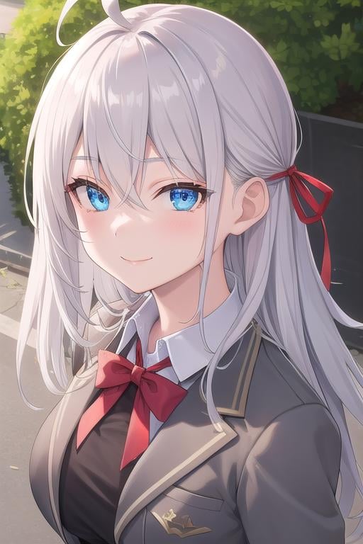 ((masterpiece)),(best quality),official art,extremely delicate and beautiful,extremely detailed CG,unity 8k wallpaper,ultra detailed,beautiful detailed eyes,extremely detailed face,outdoors,1girl,solo,upper body,(portrait:1.5),looking at viewer,facing viewer,smile,Alisa Mikhailovna Kujou,ahoge,long hair,grey hair,hair intakes,hair ribbon,red ribbon,sidelocks,hair between eyes,parted bangs,blue eyes,school uniform,grey jacket,cropped jacket,open clothes,open jacket,wing collar,red bowtie,black dress,pleated dress,double-breasted,collared shirt,white shirt,medium breasts,skindentation,long sleeves,zettai ryouiki,white thighhighs,loafers,brown footwear,<lora:Alisa Mikhailovna Kujou(tsrdta)>,