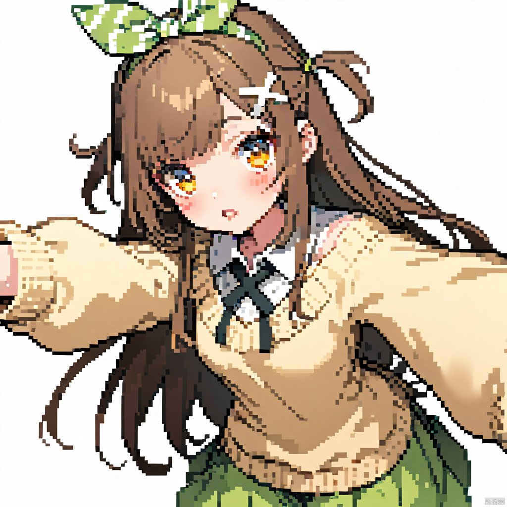 1girl,brown hair,long hair,yellow eyes,small breasts,bow hairband,green bow,hairclip,x hair ornament,yellow sweater,wool sweater,heavy sweater,fluffy sweater,closed sweater,white undershirt,green skirt,white collar,black ribbon tie,long skirt,full-length skirt,covered legs,multicolored ribbon,striped stockings,virtual youtuber,simple background,white background,focus on face,selfie,v,from above,