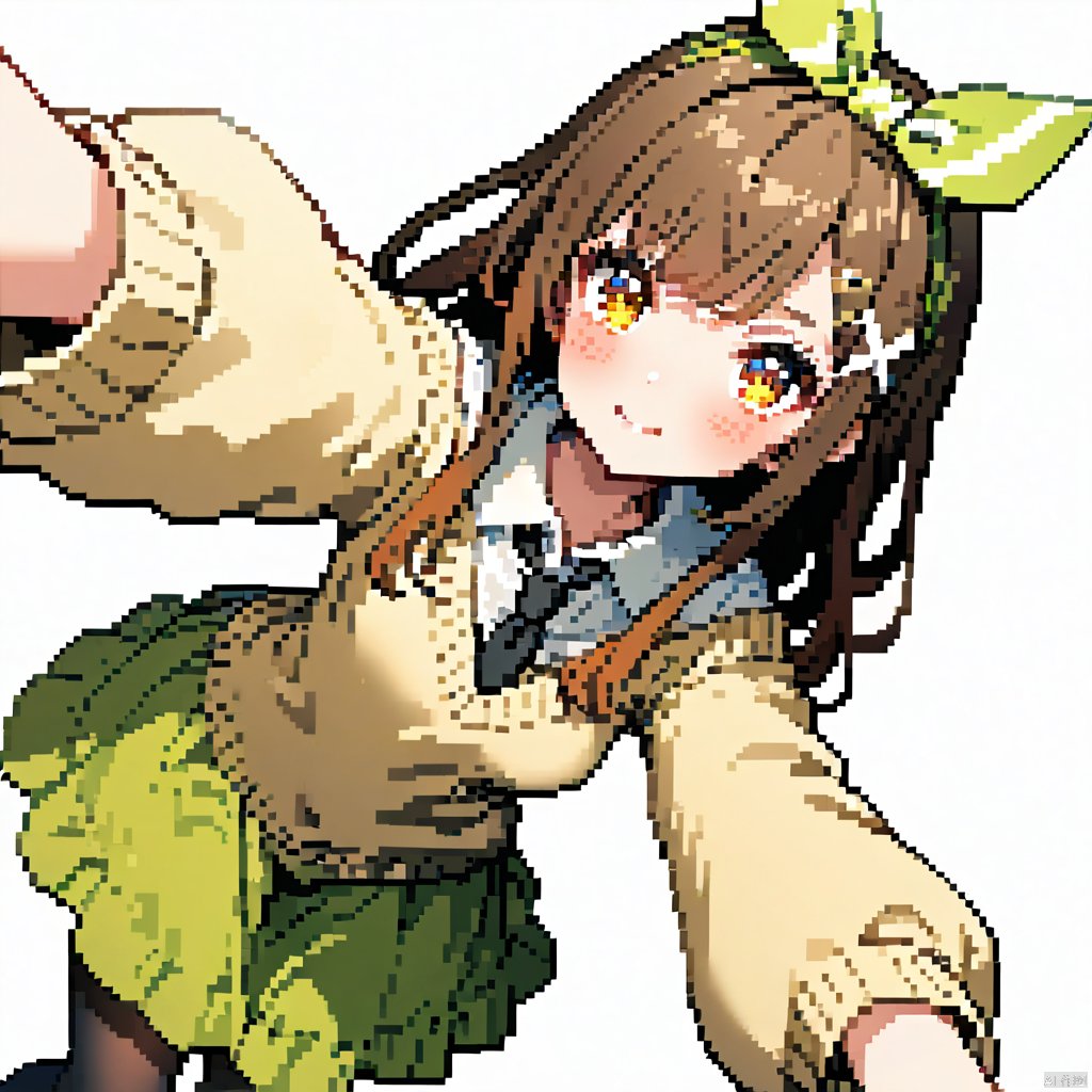 1girl,brown hair,long hair,yellow eyes,small breasts,bow hairband,green bow,hairclip,x hair ornament,yellow sweater,wool sweater,heavy sweater,fluffy sweater,closed sweater,white undershirt,green skirt,white collar,black ribbon tie,long skirt,full-length skirt,covered legs,multicolored ribbon,striped stockings,virtual youtuber,simple background,white background,focus on face,selfie,v,from above,