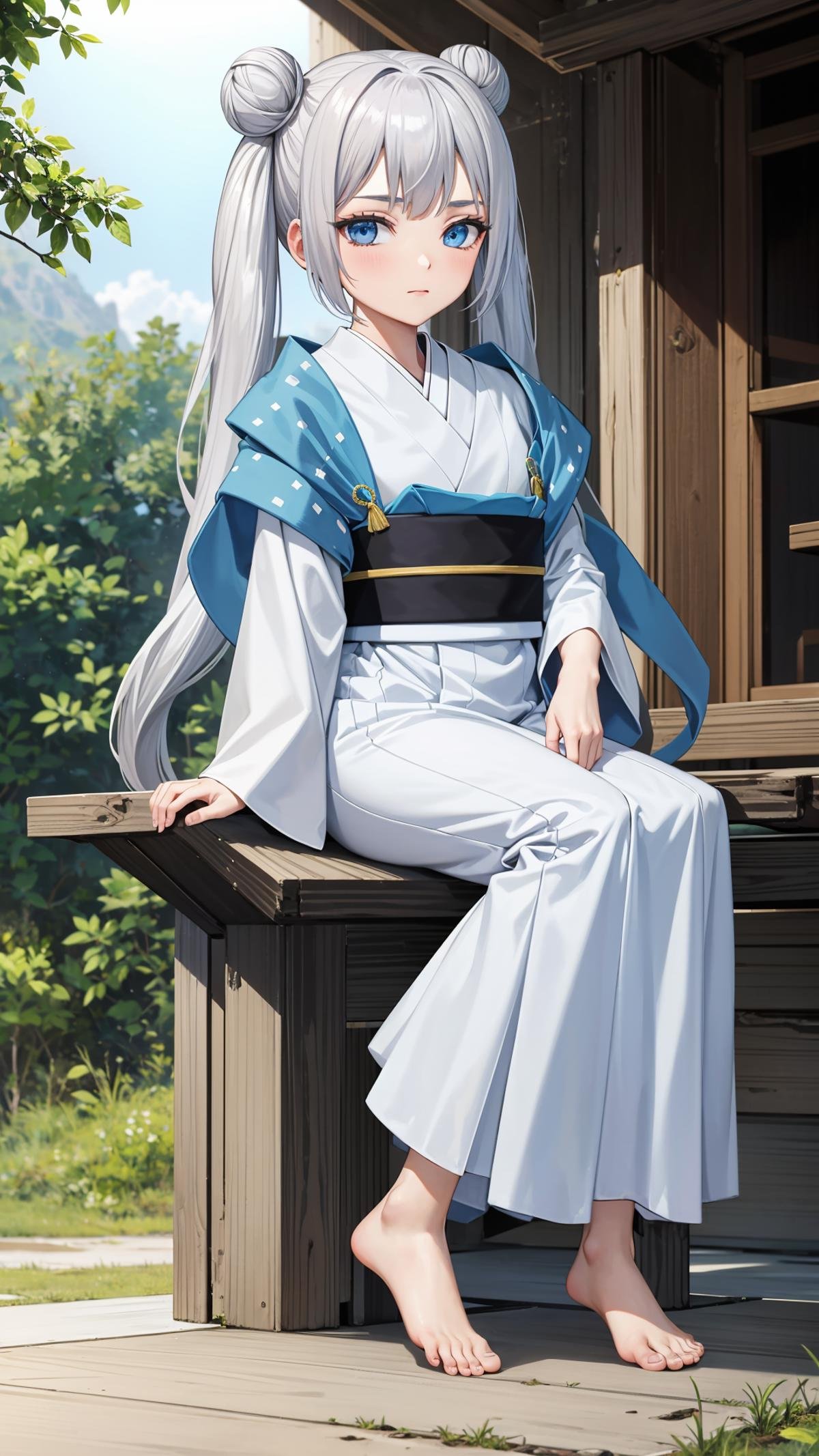 (masterpiece, best quality), ray tracing, absurdres,beiming, 1girl, hanfu, solo, twintails, blue eyes, white hair,hair bun, long hair, double bun, shawl, looking at viewer,, sash, dress, hagoromo,outdoors,barefoot,,sitting<lora:beiming_v2:0.7>