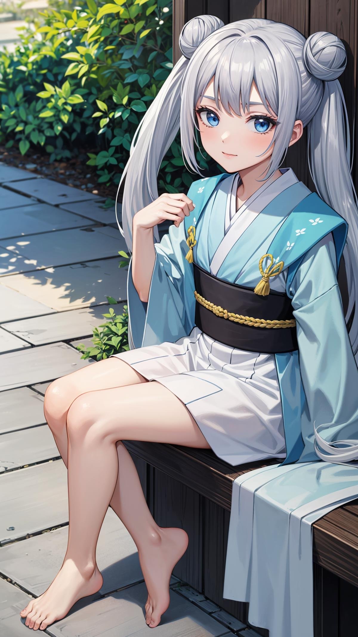 (masterpiece, best quality), ray tracing, absurdres,beiming, 1girl, hanfu, solo, twintails, blue eyes, white hair,hair bun, long hair, double bun, shawl, looking at viewer,, sash, dress, hagoromo,outdoors,barefoot,,sitting<lora:beiming_v2:0.7>