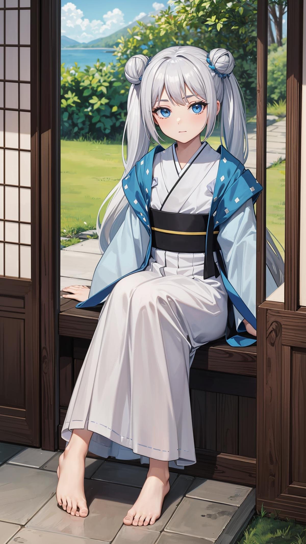 (masterpiece, best quality), ray tracing, absurdres,beiming, 1girl, hanfu, solo, twintails, blue eyes, white hair,hair bun, long hair, double bun, shawl, looking at viewer,, sash, dress, hagoromo,outdoors,barefoot,,sitting<lora:beiming_v2:0.7>