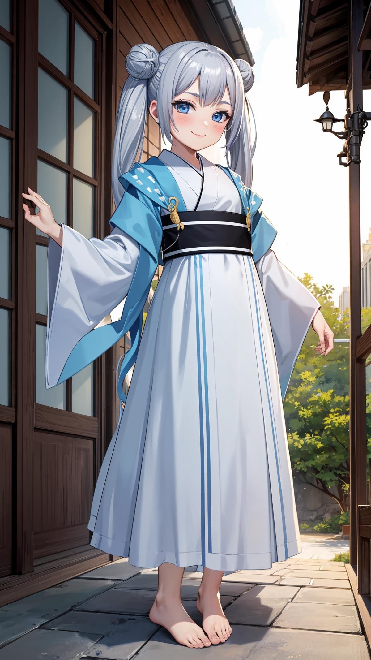 (masterpiece, best quality), ray tracing, absurdres,beiming, 1girl, hanfu, solo, twintails, blue eyes, hair bun, long hair, double bun, shawl, looking at viewer,, sash, dress, hagoromo,outdoors,barefoot,,smile,blush,<lora:beiming_v2:0.7>