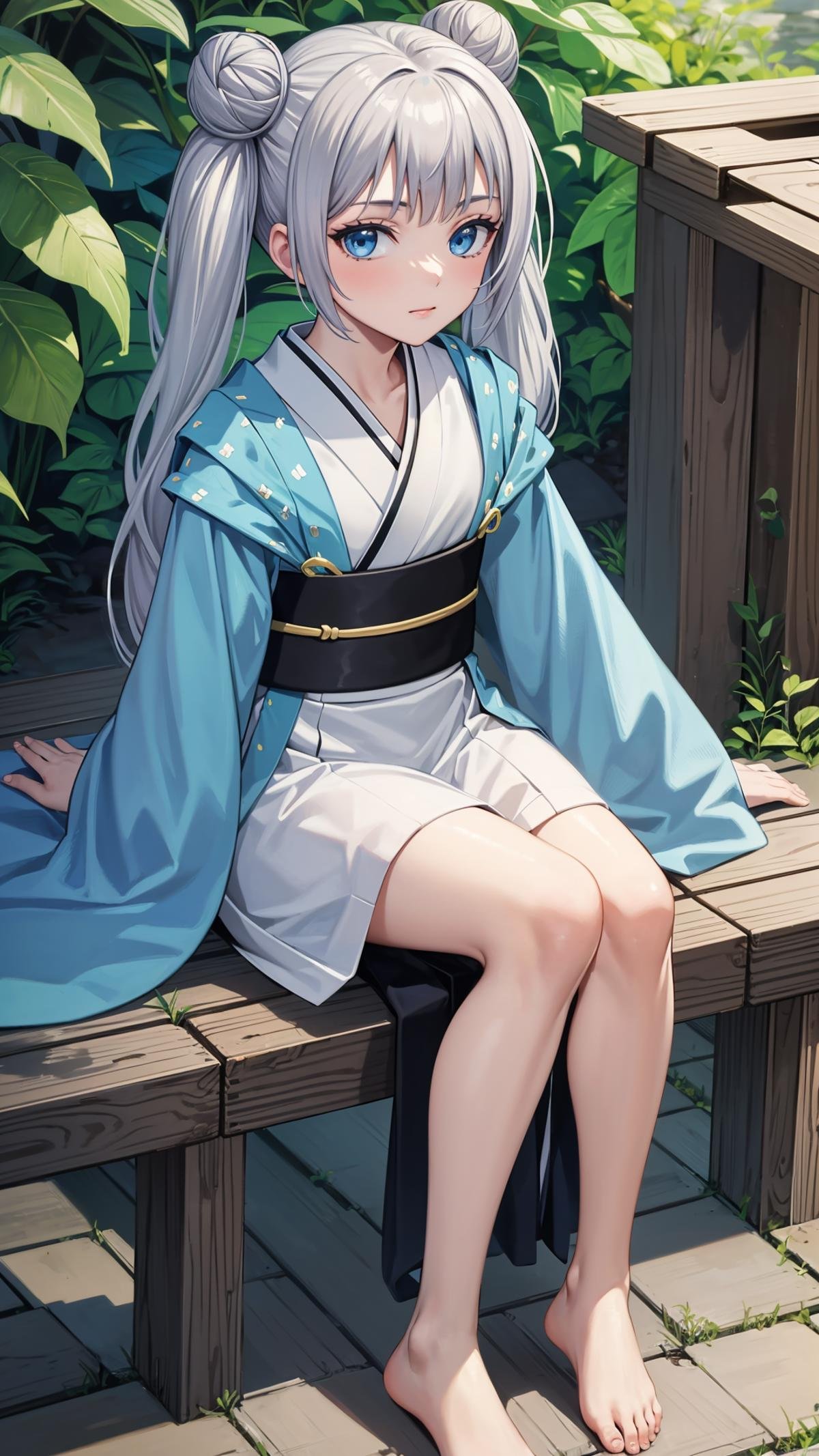 (masterpiece, best quality), ray tracing, absurdres,beiming, 1girl, hanfu, solo, twintails, blue eyes, hair bun, long hair, double bun, shawl, looking at viewer,, sash, dress, hagoromo,outdoors,barefoot,,sitting<lora:beiming_v2:0.7>