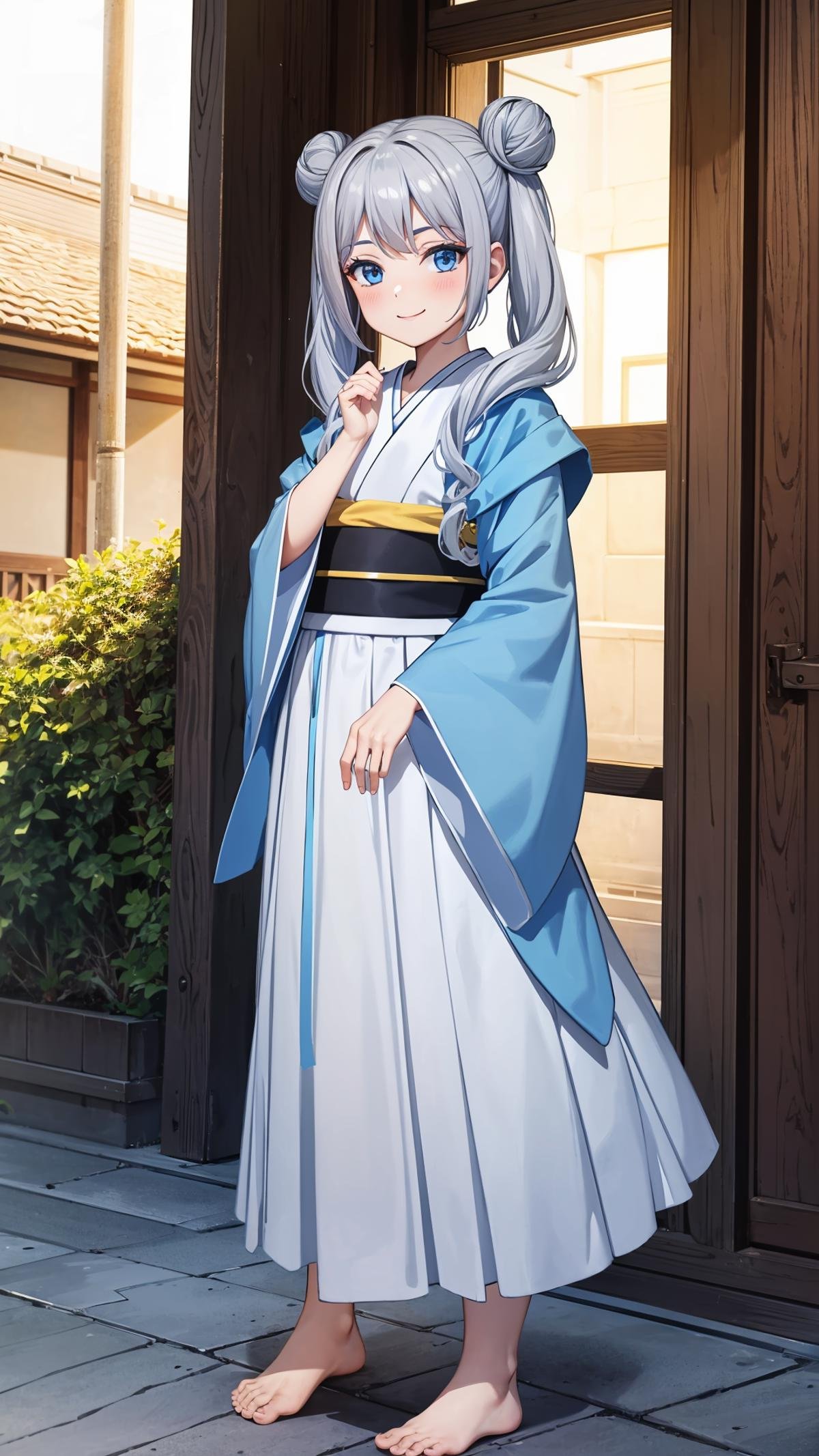 (masterpiece, best quality), ray tracing, absurdres,beiming, 1girl, hanfu, solo, twintails, blue eyes, hair bun, long hair, double bun, shawl, looking at viewer,, sash, dress, hagoromo,outdoors,barefoot,,smile,blush,<lora:beiming_v2:0.7> 