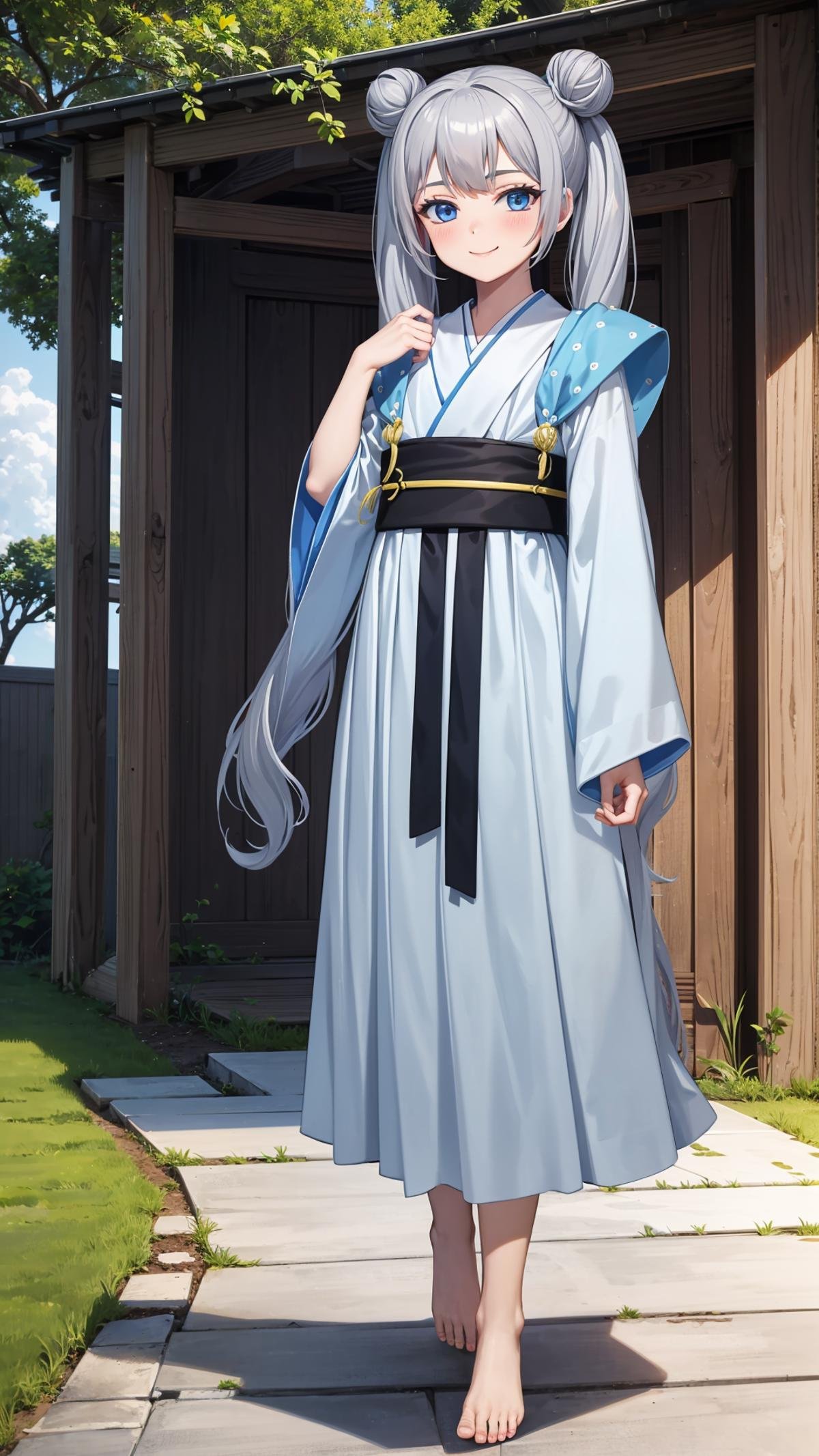 (masterpiece, best quality), ray tracing, absurdres,beiming, 1girl, hanfu, solo, twintails, blue eyes, hair bun, long hair, double bun, shawl, looking at viewer,, sash, dress, hagoromo,outdoors,barefoot,,smile,blush,<lora:beiming_v2:0.7>