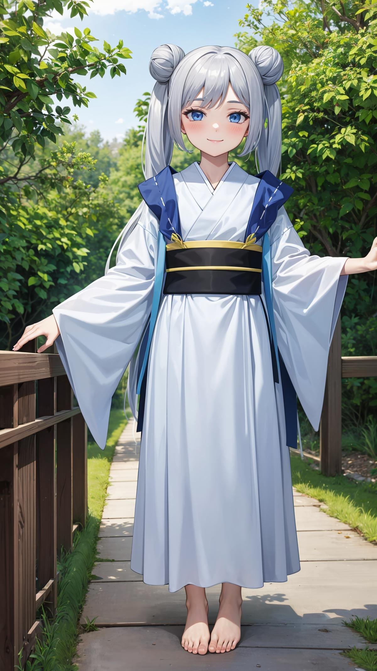 (masterpiece, best quality), ray tracing, absurdres,beiming, 1girl, hanfu, solo, twintails, blue eyes, hair bun, long hair, double bun, shawl, looking at viewer,, sash, dress, hagoromo,outdoors,barefoot,,smile,blush,<lora:beiming_v2:0.7>