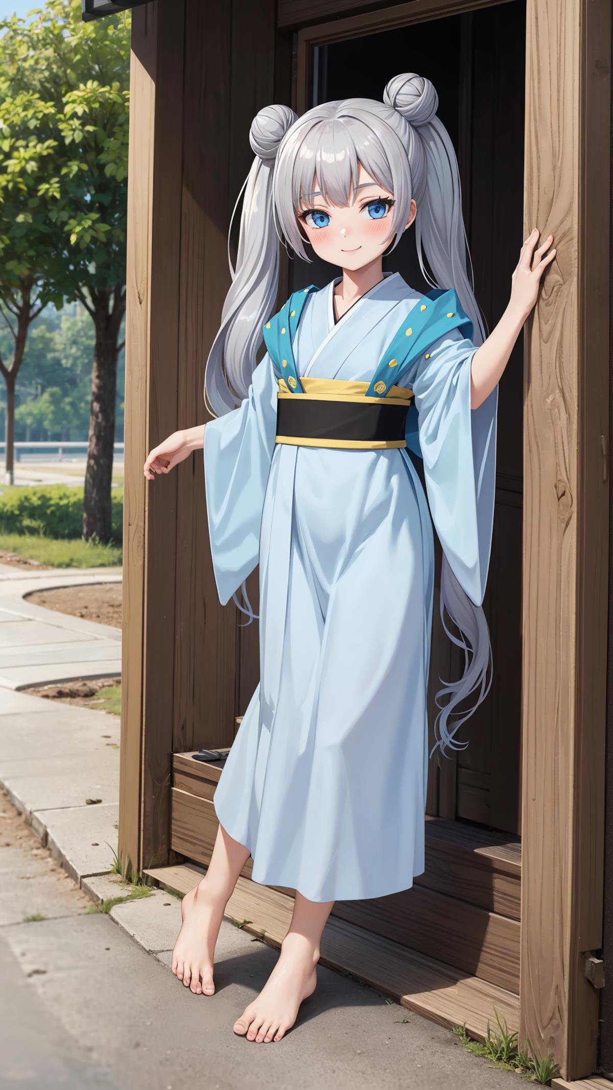 (masterpiece, best quality), ray tracing, absurdres,beiming, 1girl, hanfu, solo, twintails, blue eyes, hair bun, long hair, double bun, shawl, looking at viewer,, sash, dress, hagoromo,outdoors,barefoot,,smile,blush,<lora:beiming_v2:0.7>