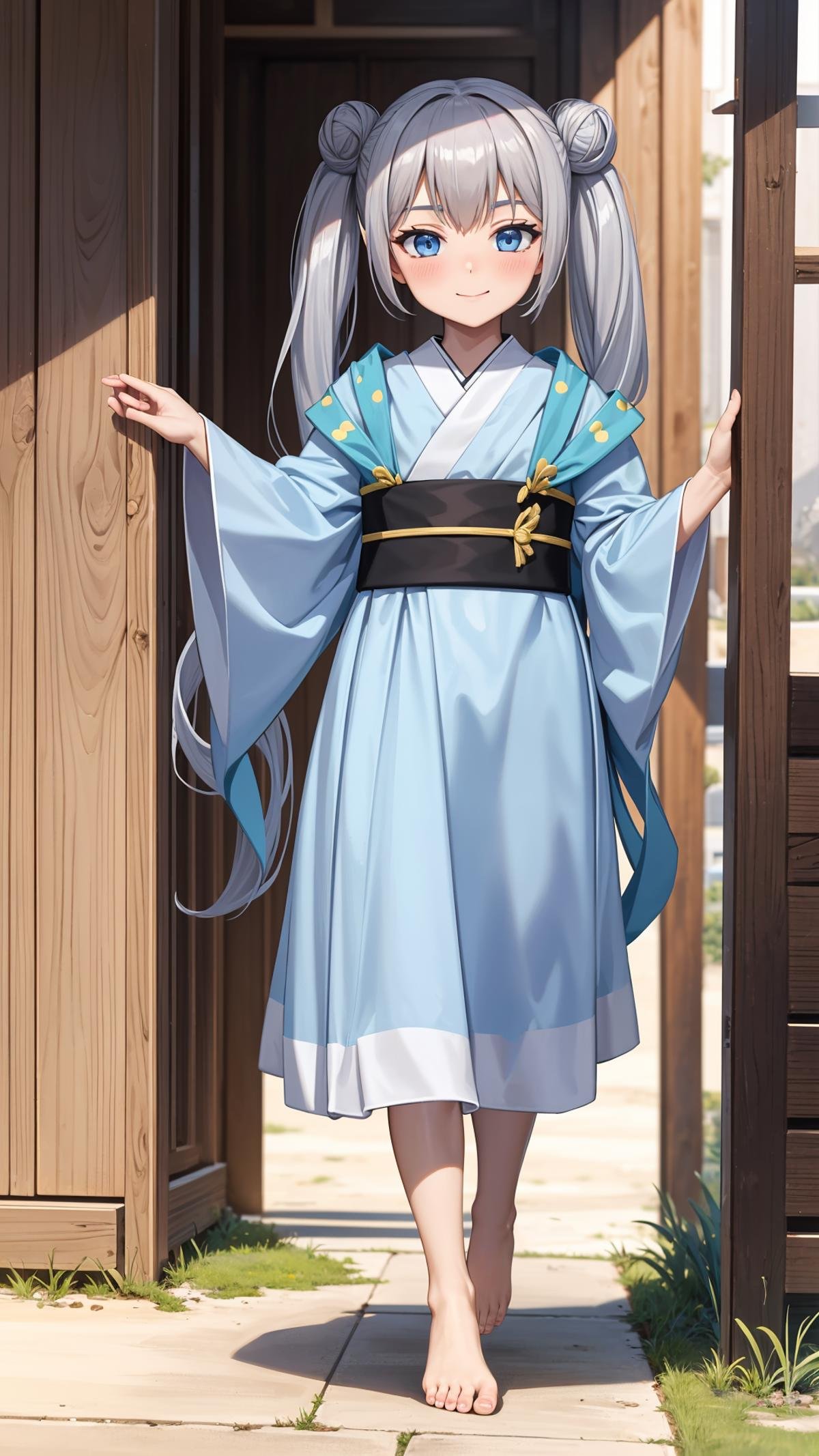 (masterpiece, best quality), ray tracing, absurdres,beiming, 1girl, hanfu, solo, twintails, blue eyes, hair bun, long hair, double bun, shawl, looking at viewer,, sash, dress, hagoromo,outdoors,barefoot,expressionless,smile,blush,<lora:beiming_v2:0.7> 