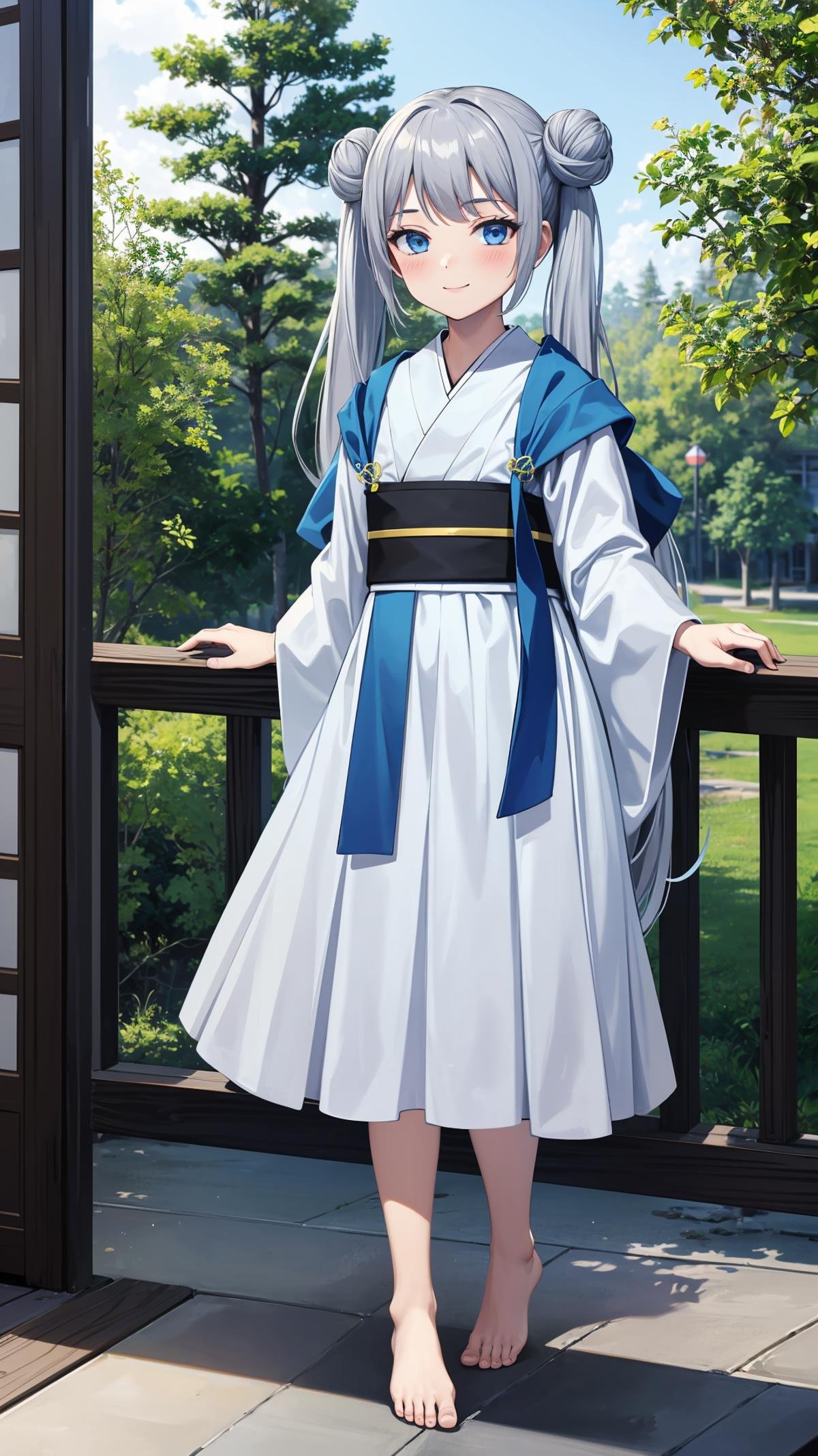 (masterpiece, best quality), ray tracing, absurdres,beiming, 1girl, hanfu, solo, twintails, blue eyes, hair bun, long hair, double bun, shawl, looking at viewer,, sash, dress, hagoromo,outdoors,barefoot,expressionless,smile,blush,<lora:beiming_v2:0.7>