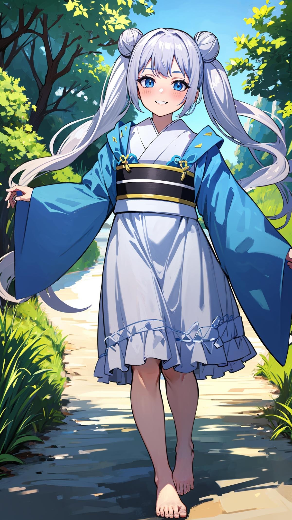 (masterpiece, best quality), ray tracing, absurdres,beiming, 1girl, hanfu, solo, twintails, blue eyes, hair bun, long hair, double bun, shawl, looking at viewer,, sash, dress, hagoromo,outdoors,barefoot,,smile,blush,<lora:beiming_v2:0.7>