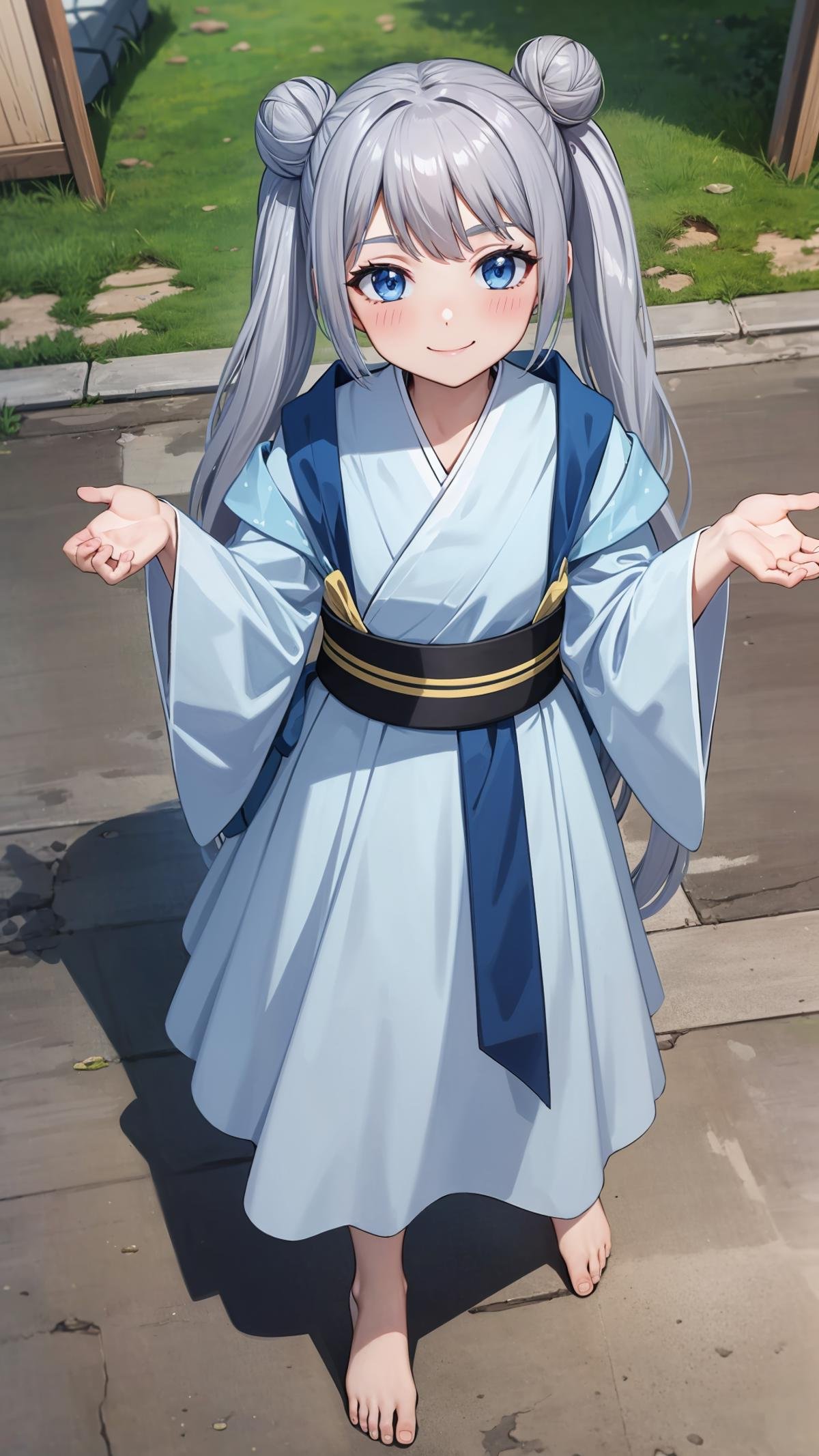 (masterpiece, best quality), ray tracing, absurdres,beiming, 1girl, hanfu, solo, twintails, blue eyes, hair bun, long hair, double bun, shawl, looking at viewer,, sash, dress, hagoromo,outdoors,barefoot,,smile,blush,<lora:beiming_v2:0.7>