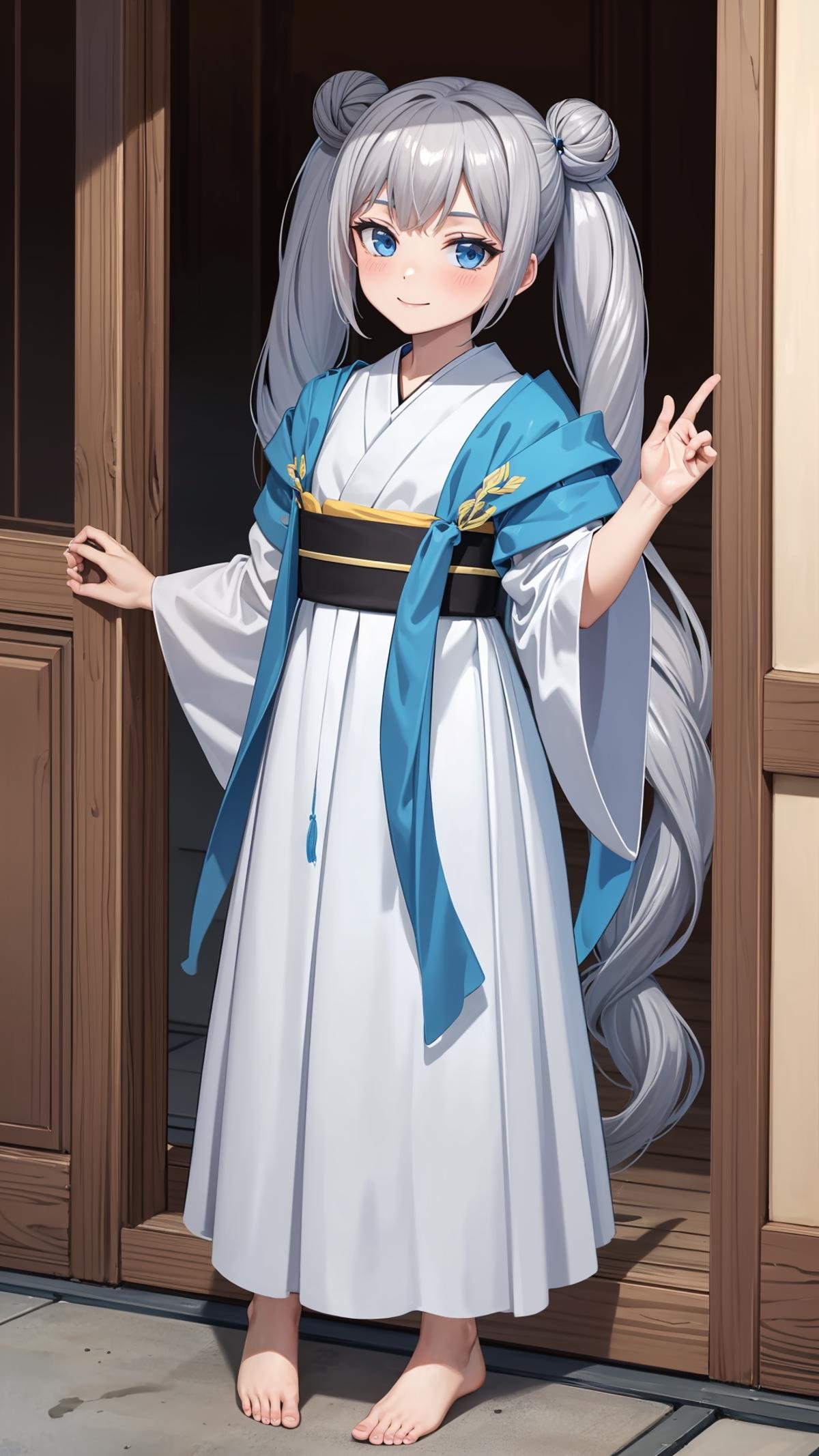 (masterpiece, best quality), ray tracing, absurdres,beiming, 1girl, hanfu, solo, twintails, blue eyes, hair bun, long hair, double bun, shawl, looking at viewer,, sash, dress, hagoromo,outdoors,barefoot,expressionless,smile,blush,<lora:beiming_v2:0.7>