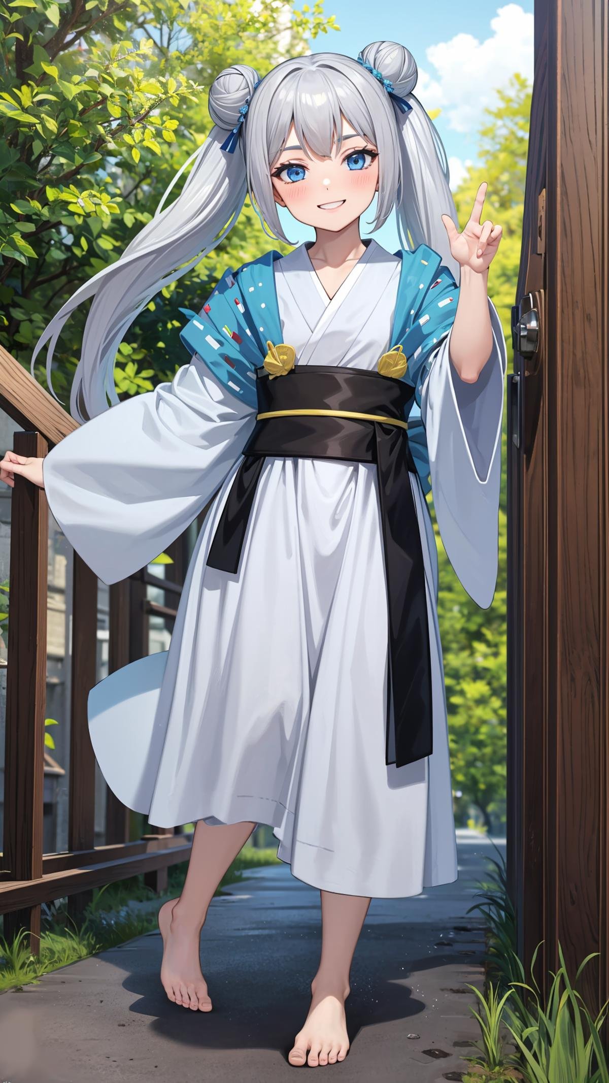 (masterpiece, best quality), ray tracing, absurdres,beiming, 1girl, hanfu, solo, twintails, blue eyes, hair bun, long hair, double bun, shawl, looking at viewer,, sash, dress, hagoromo,outdoors,barefoot,,smile,blush,<lora:beiming_v2:0.7> 