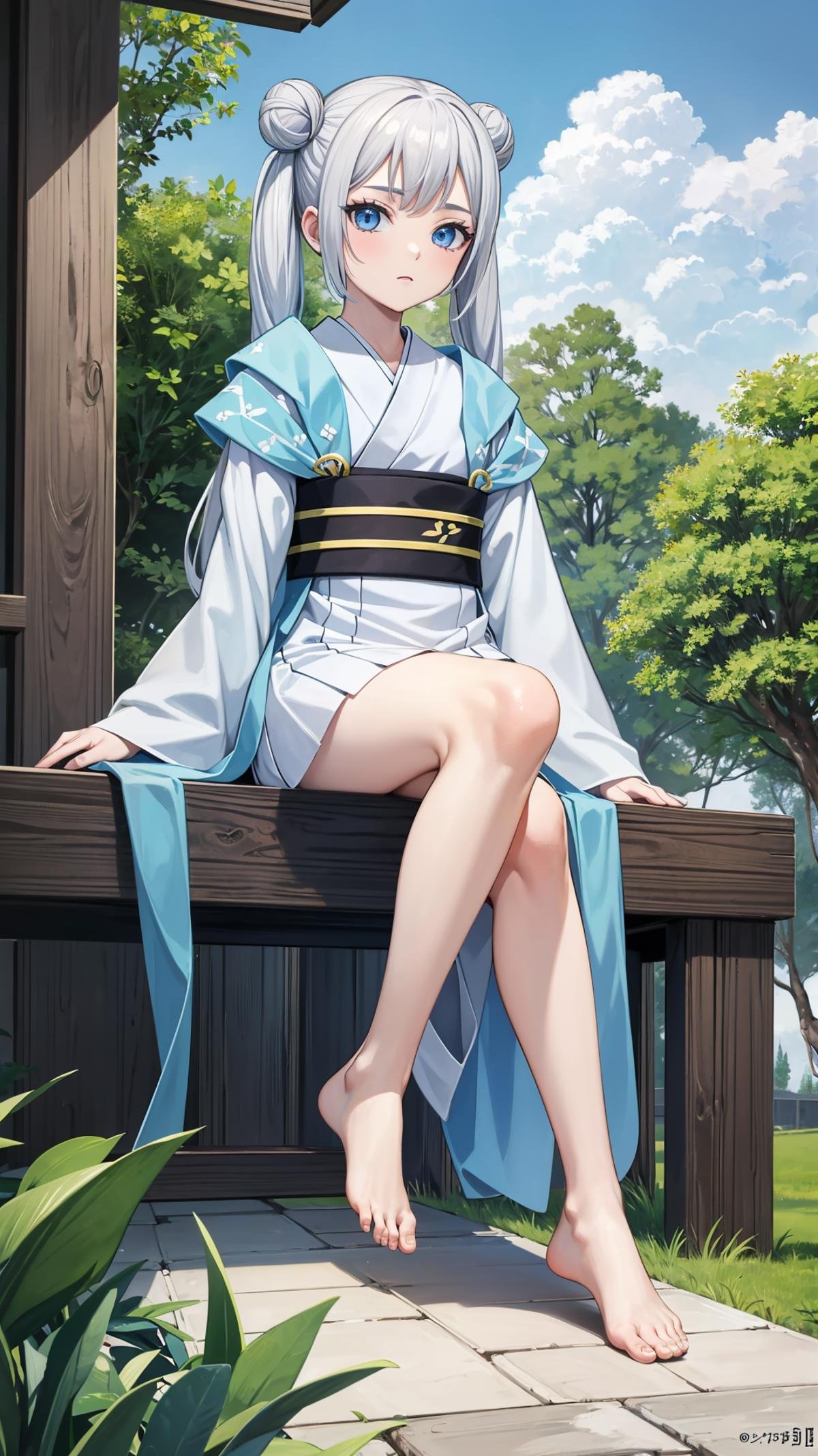 (masterpiece, best quality), ray tracing, absurdres,beiming, 1girl, hanfu, solo, twintails, blue eyes, white hair,hair bun, long hair, double bun, shawl, looking at viewer,, sash, dress, hagoromo,outdoors,barefoot,,sitting<lora:beiming_v2:0.7>