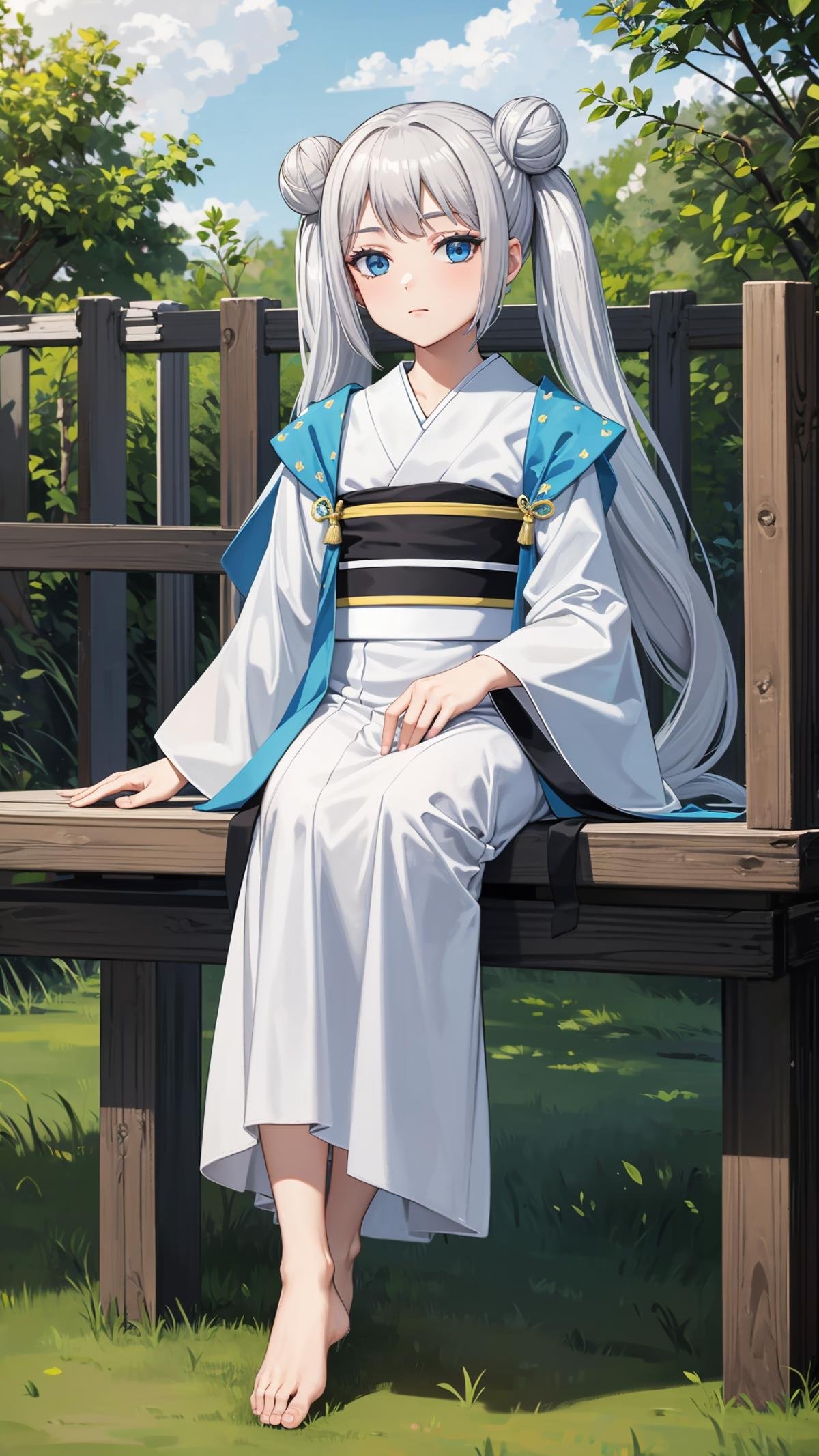 (masterpiece, best quality), ray tracing, absurdres,beiming, 1girl, hanfu, solo, twintails, blue eyes, white hair,hair bun, long hair, double bun, shawl, looking at viewer,, sash, dress, hagoromo,outdoors,barefoot,,sitting<lora:beiming_v2:0.7>