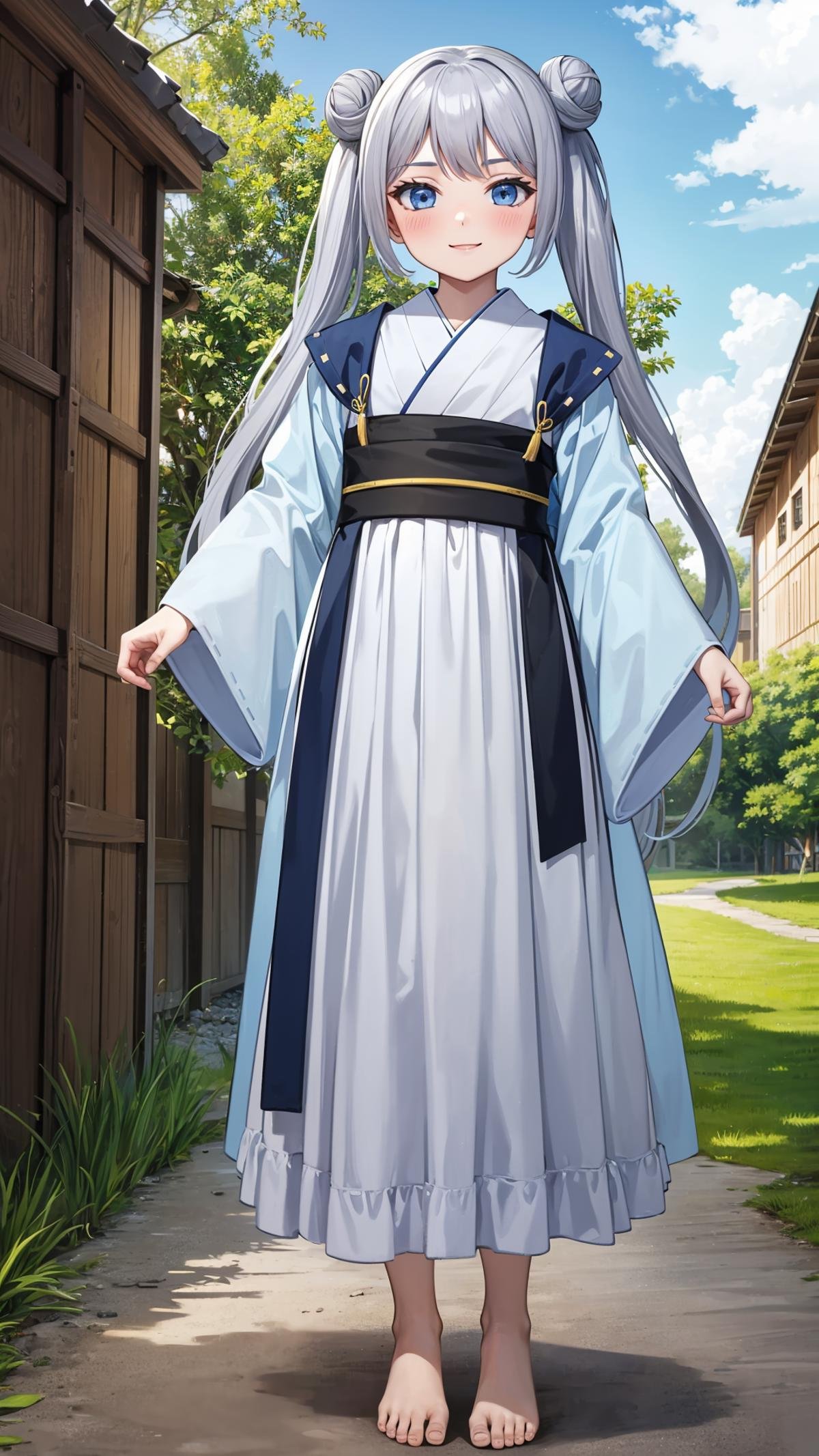 (masterpiece, best quality), ray tracing, absurdres,beiming, 1girl, hanfu, solo, twintails, blue eyes, hair bun, long hair, double bun, shawl, looking at viewer,, sash, dress, hagoromo,outdoors,barefoot,,smile,blush,<lora:beiming_v2:0.7>