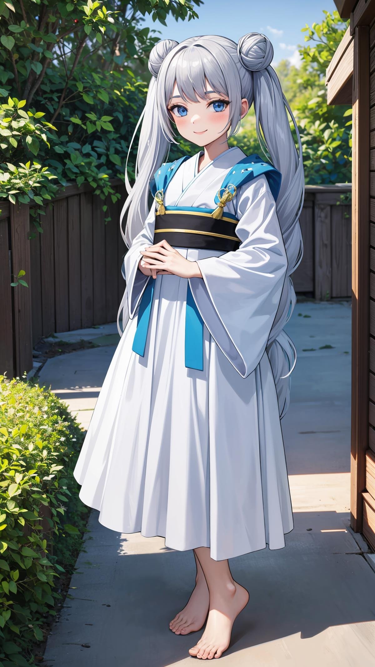 (masterpiece, best quality), ray tracing, absurdres,beiming, 1girl, hanfu, solo, twintails, blue eyes, hair bun, long hair, double bun, shawl, looking at viewer,, sash, dress, hagoromo,outdoors,barefoot,,smile,blush,<lora:beiming_v2:0.7>