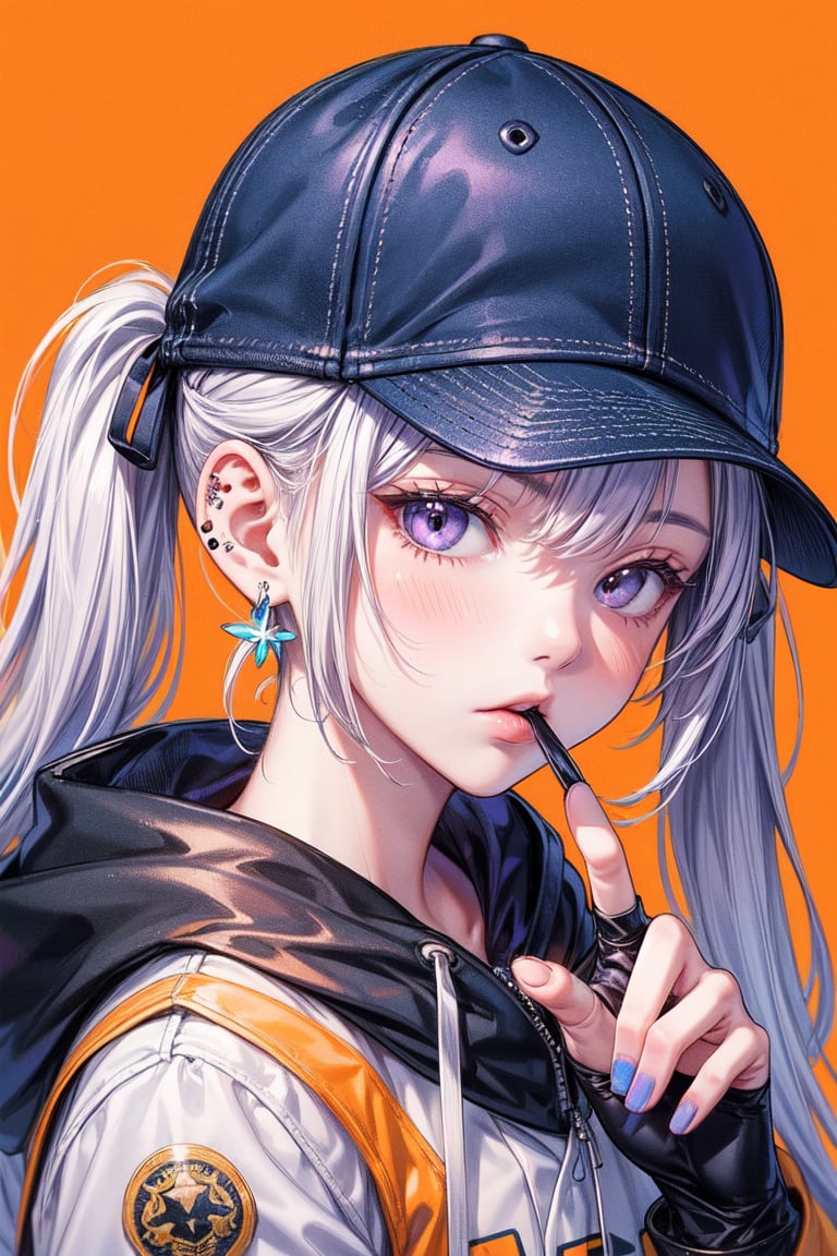 1girl,solo,twintails,jacket,hat,jewelry,mask,earrings,baseball,cartoon,bangs,looking at viewer,v,mouth mask,gloves,orange background,blue nails,fingerless,hood,purple hair,upper body,blue,piercing,blue,drawstring,quality down,hat,computer,