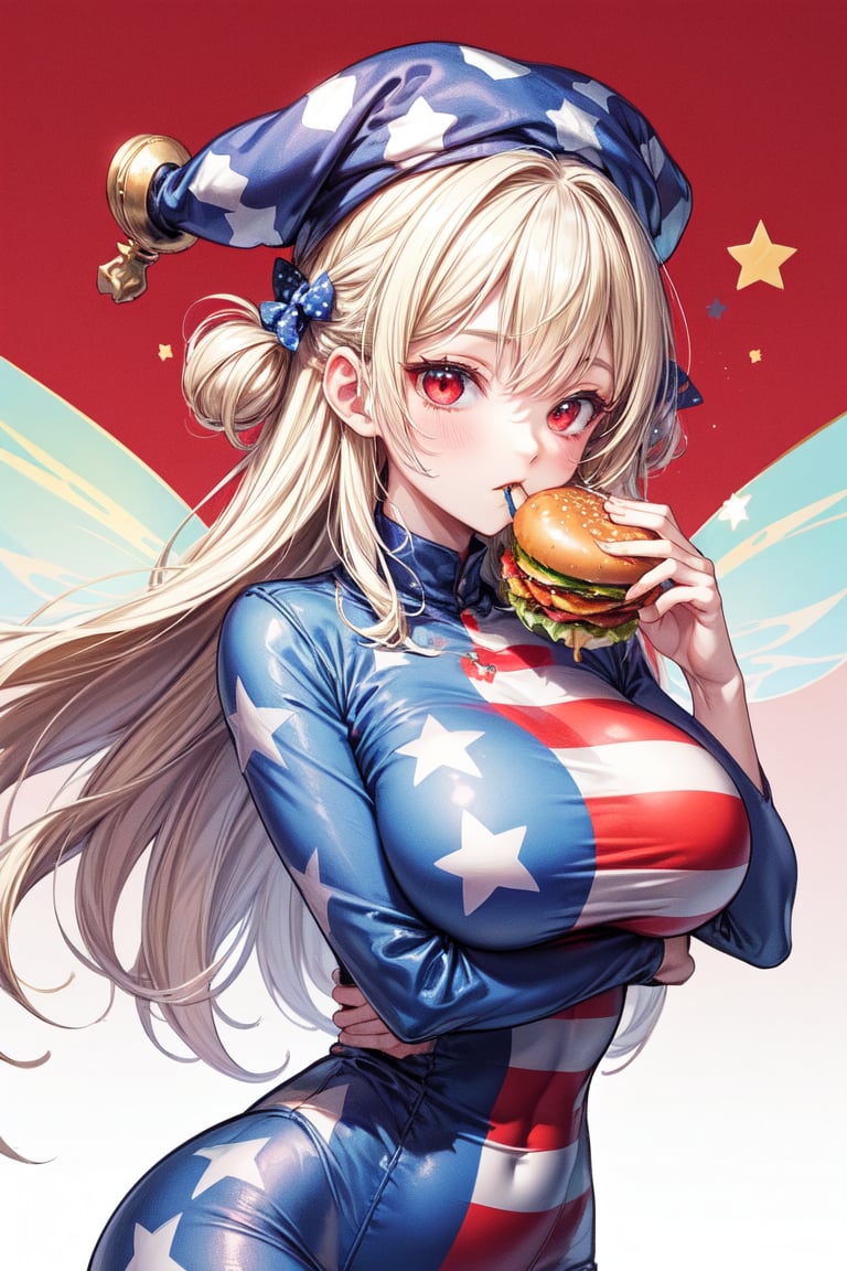 (curvy),  looking at viewer, 
jermaWhopper, eating, burger, looking at you, upper body, 
zzClwnpc, red eyes, blonde hair, long hair, striped, jester cap, polka dot, american flag legwear, american flag dress, star print, pantyhose, fairy wings,
zPDXL, Expressiveh