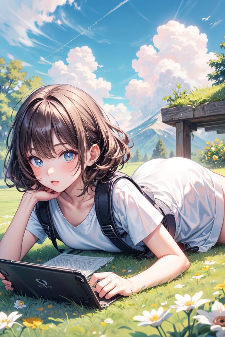 (Masterpiece), (Best Quality), Children's Illustration, 1 girl, blue pupils, curly brown hair, holding a book, backpack, tablet, lying on the grass in large font, looking at the sky, clouds, donuts around, white flowers