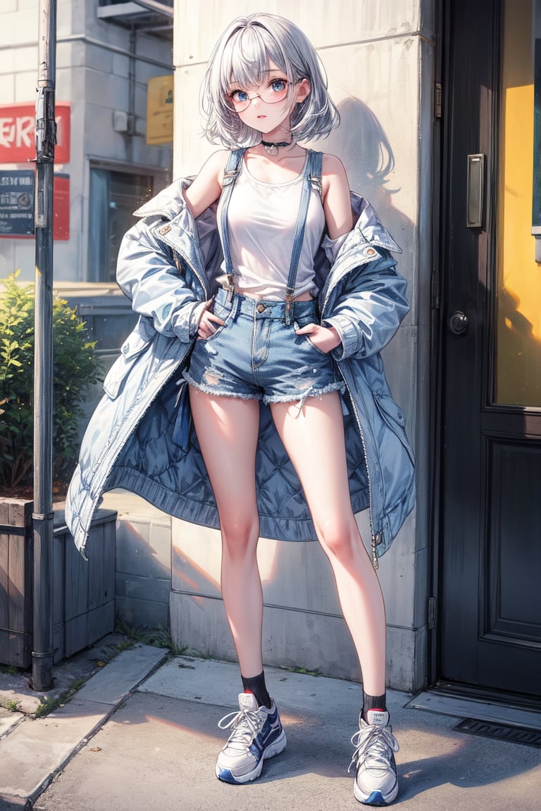 High quality super clear. A daughter. silver hair. Blue glasses. Suspenders. Men's coat. Shoulder. Denim shorts. Sneaker