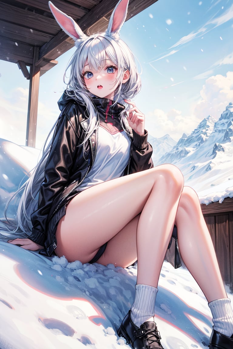 ((best quality, masterpiece, absurbres, super-resolution)) 1 girl, snow bunny, chilling, playing with snow, thick snow, crystal snow, snow field