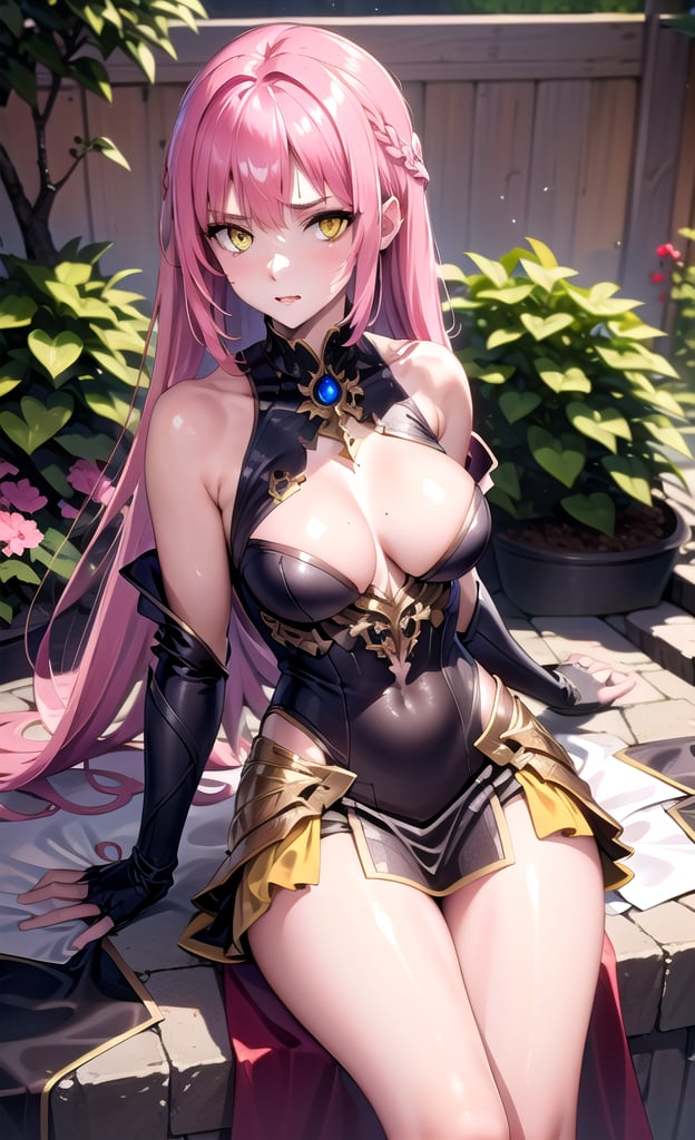 Esmeralda hunt, yellow eyes, in a garden, sexy look, pink hair, 