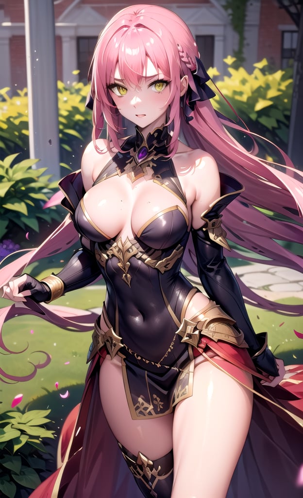 Esmeralda hunt, yellow eyes, in a garden, sexy look, pink hair, 