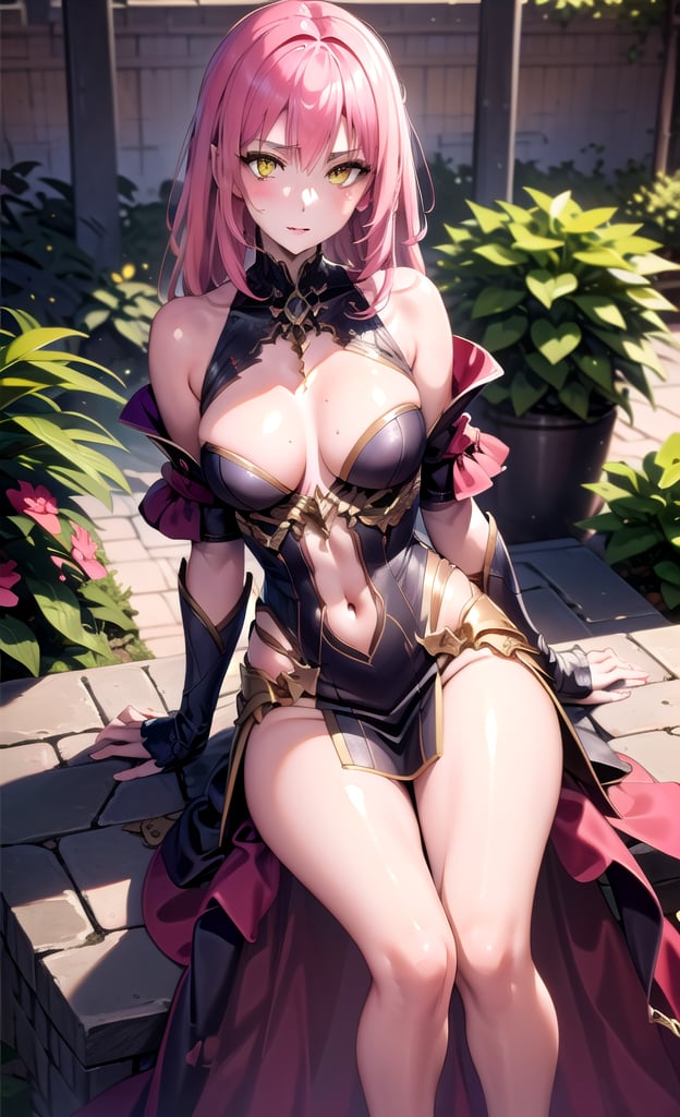 Esmeralda hunt, yellow eyes, in a garden, sexy look, pink hair, 