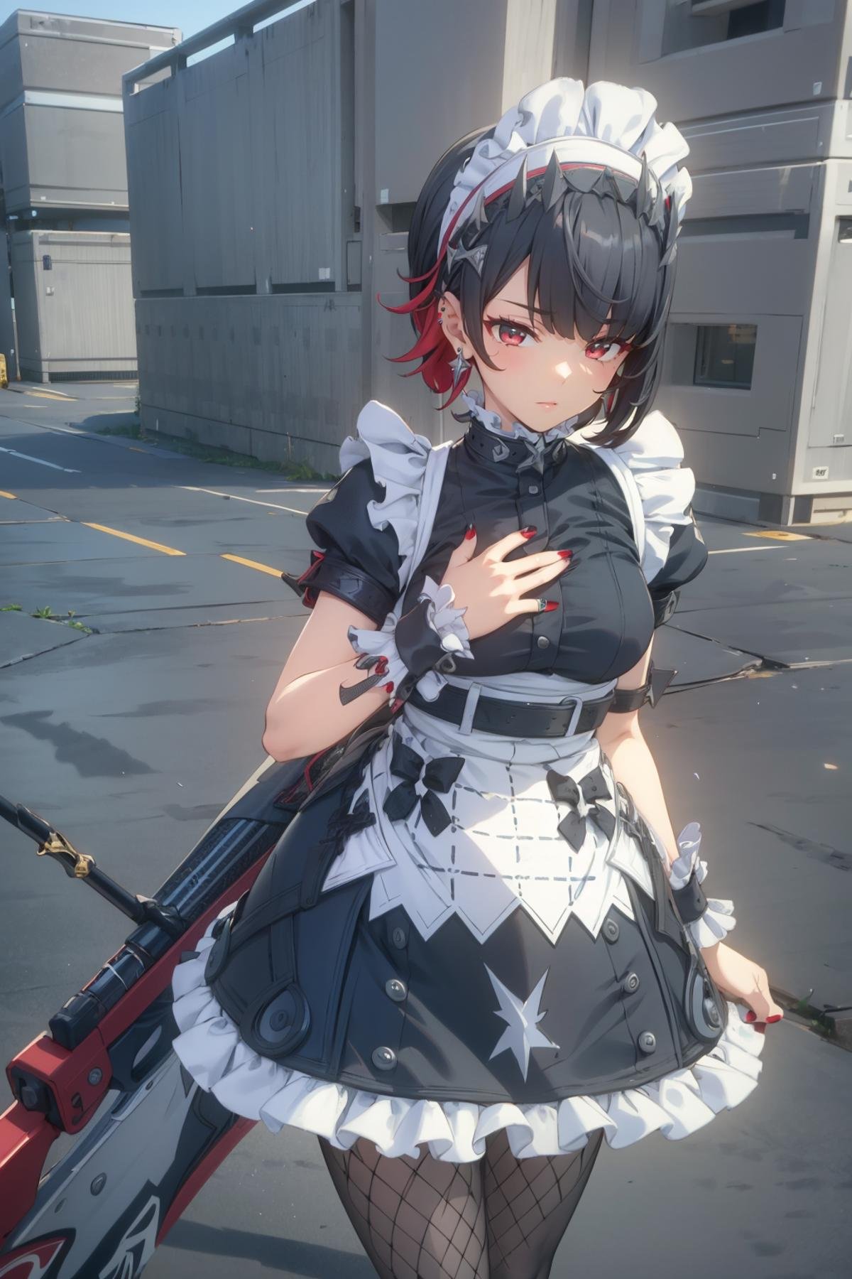 <lora:ZZZ_Elaine Joe:0.7>,ZZZ_Elaine Joe,1girl,red nails,solo,maid headdress,weapon,holding weapon,holding,maid,pantyhose,wrist cuffs,short sleeves,apron,puffy sleeves,piercing,dress,puffy short sleeves,gun,black dress,fishnets,jewelry,earrings,hand on own chest,holding gun,maid apron,fishnet pantyhose,nail polish,closed mouth,looking at viewer,upper body,, 8k,best quality,masterpiece,rule of thirds,superb,high resolution,sharp focus,extremely detailed description,professional,gorgeous and intricate details,