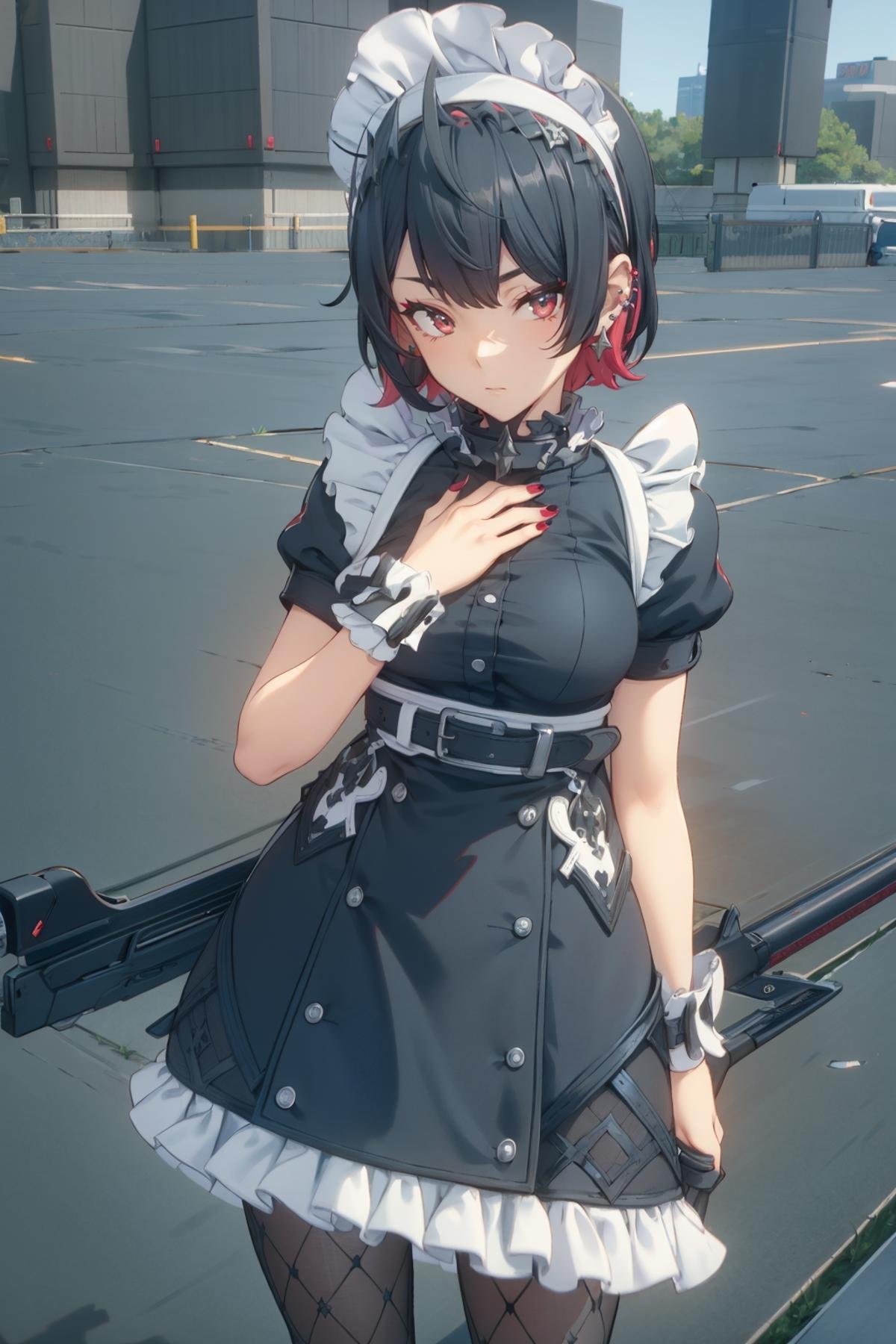 <lora:ZZZ_Elaine Joe:0.7>,ZZZ_Elaine Joe,1girl,red nails,solo,maid headdress,weapon,holding weapon,holding,maid,pantyhose,wrist cuffs,short sleeves,apron,puffy sleeves,piercing,dress,puffy short sleeves,gun,black dress,fishnets,jewelry,earrings,hand on own chest,holding gun,maid apron,fishnet pantyhose,nail polish,closed mouth,looking at viewer,upper body,, 8k,best quality,masterpiece,rule of thirds,superb,high resolution,sharp focus,extremely detailed description,professional,gorgeous and intricate details,